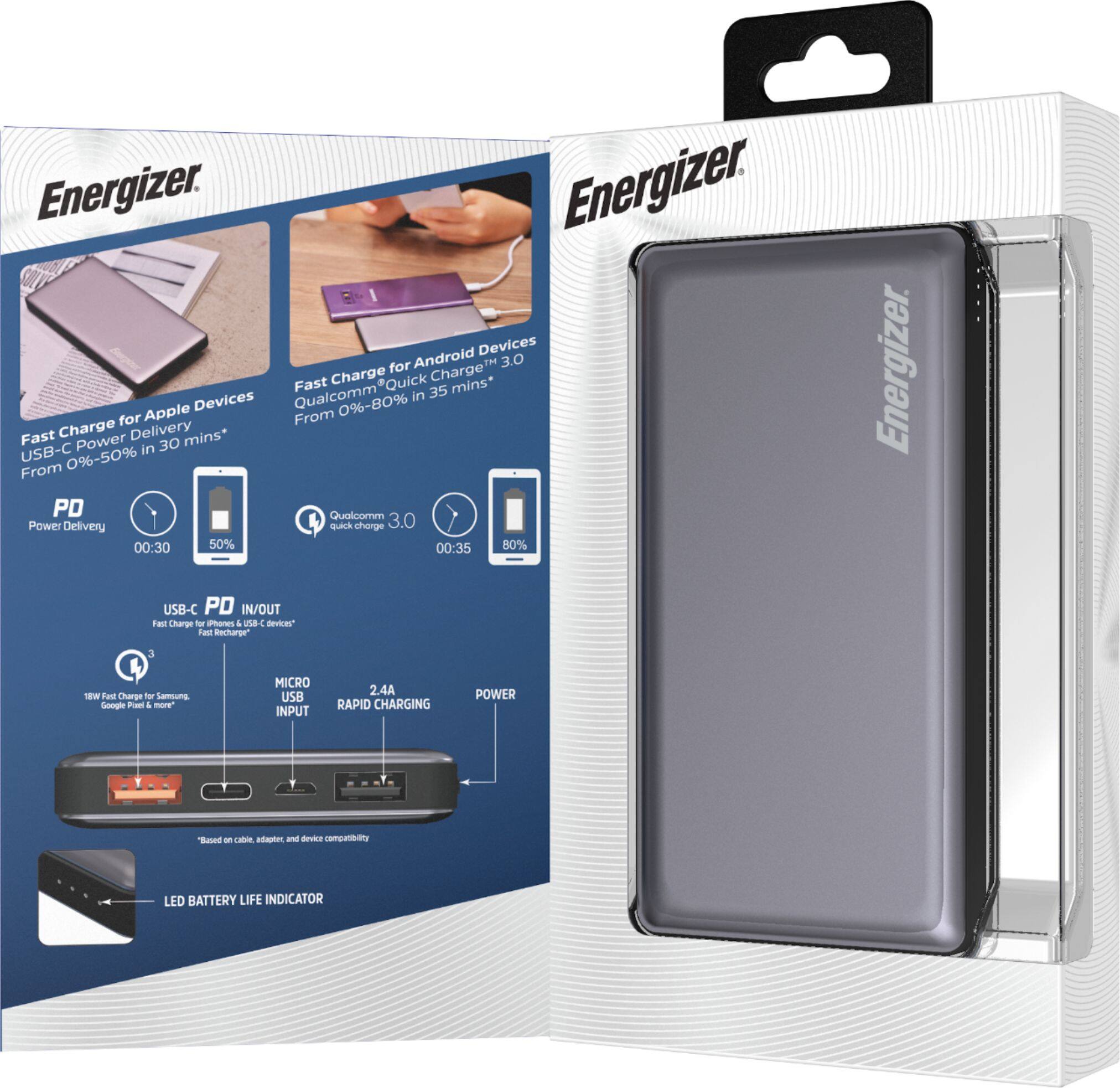 Alt View 13. Energizer - Ultimate Lithium 10,000mAh 18W Fast Charge Portable Charger/Power Bank QC 3.0 & PD 3.0 for Apple, Android & USB Devices - Gray.