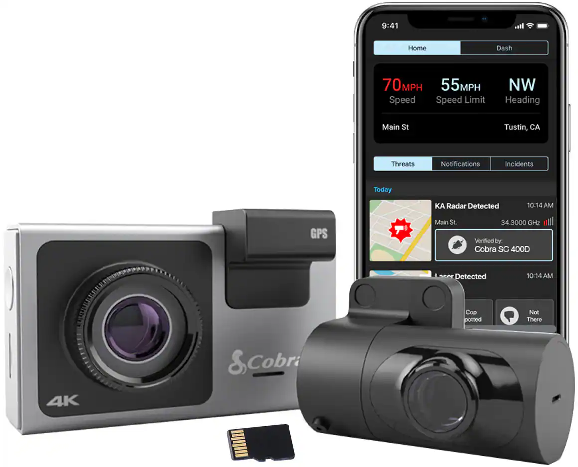 Front. Cobra - SC 400D Dual-View Smart Dash Cam with Rear-View Accessory Camera, works with Apple CarPlay/Android Auto - Black/Silver.