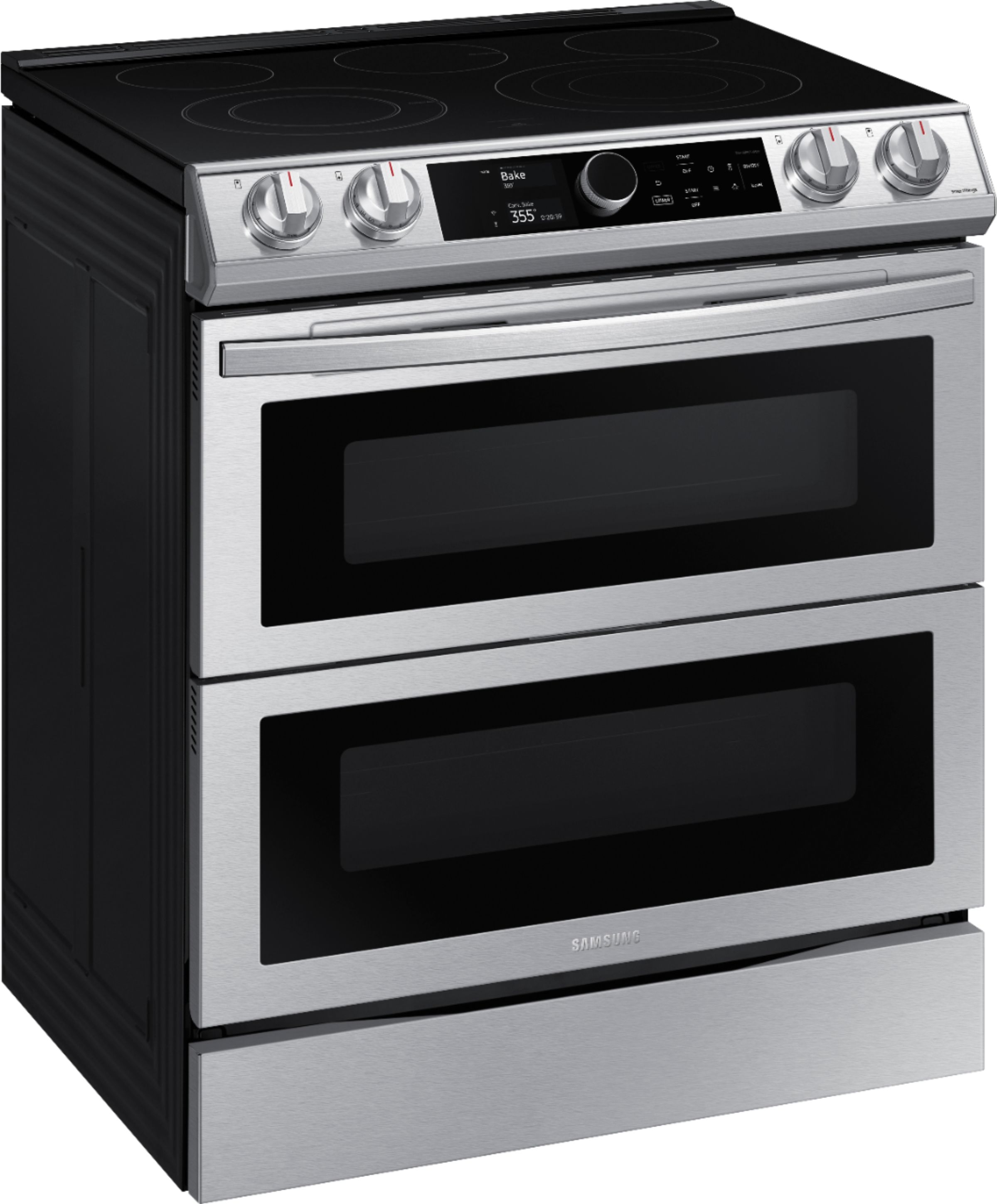 Angle View: Samsung - 6.3 cu. ft. Flex Duo™ Front Control Slide-in Electric Range with Smart Dial, Air Fry & Wi-Fi, Fingerprint Resistant - Stainless steel