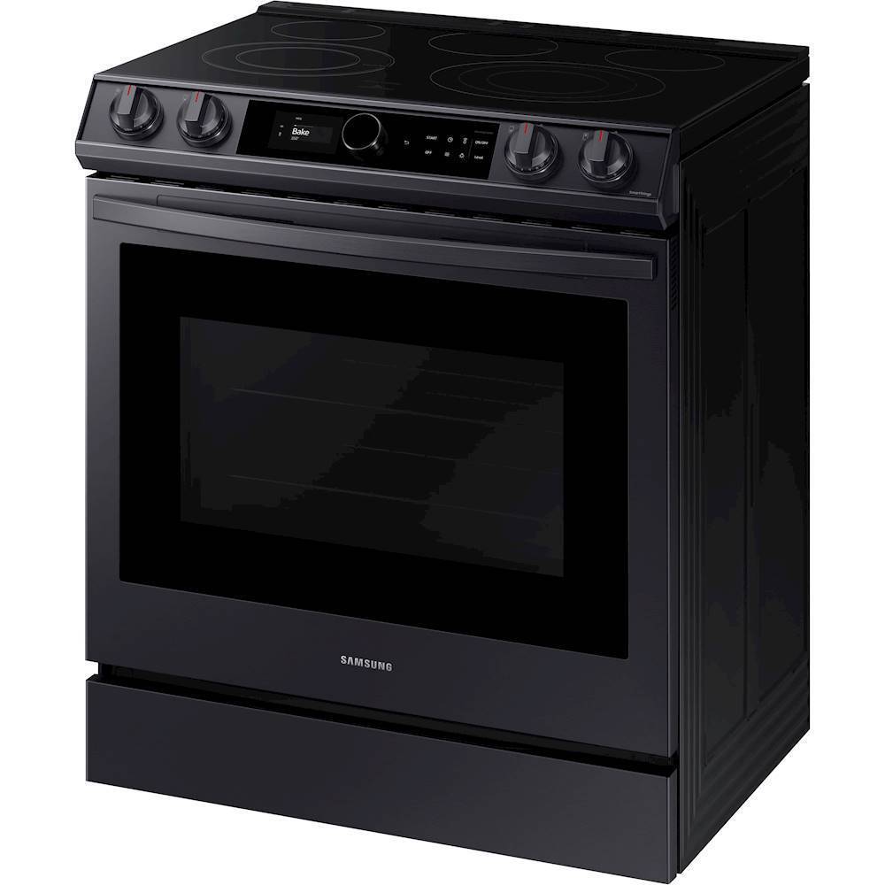 Left View: Samsung - 6.3 cu. ft. Front Control Slide-in Electric Convection Range with Smart Dial, Air Fry & Wi-Fi, Fingerprint Resistant - Black stainless steel