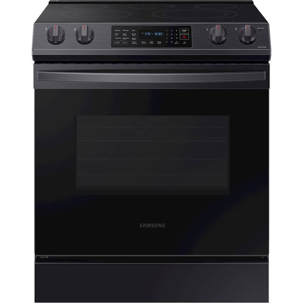 Samsung - 6.3 cu. ft. Front Control Slide-in Electric Range with Convection & Wi-Fi, Fingerprint Resistant - Black stainless steel