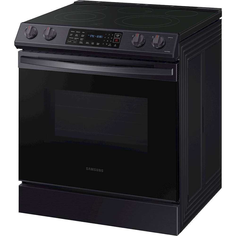 Left View: GE - 5.3 Cu. Ft. Freestanding Electric Convection Range with Self-Steam Cleaning and No-Preheat Air Fry - Slate