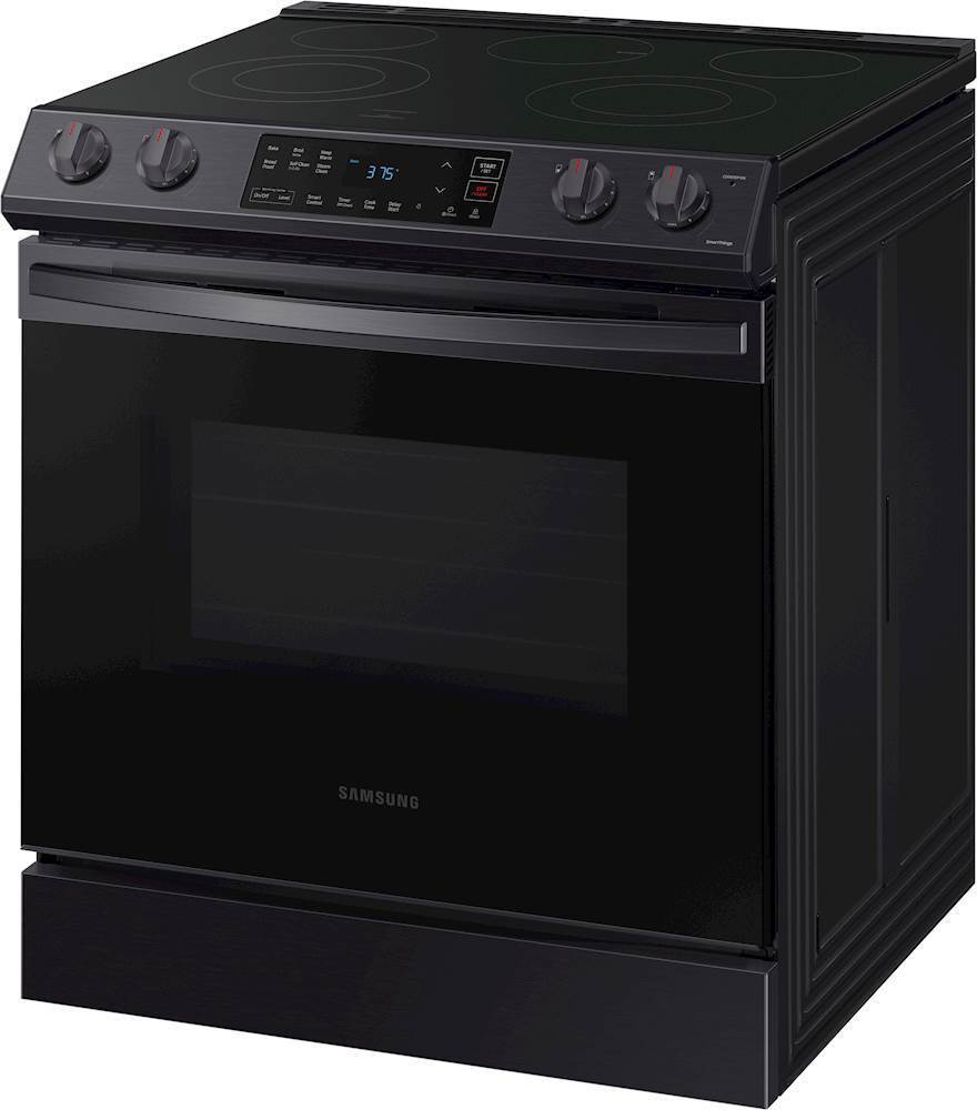 Left View: GE Profile - 5.3 Cu. Ft. Freestanding Smart Electric True Convection Range with Hot Air Fry - Black stainless steel