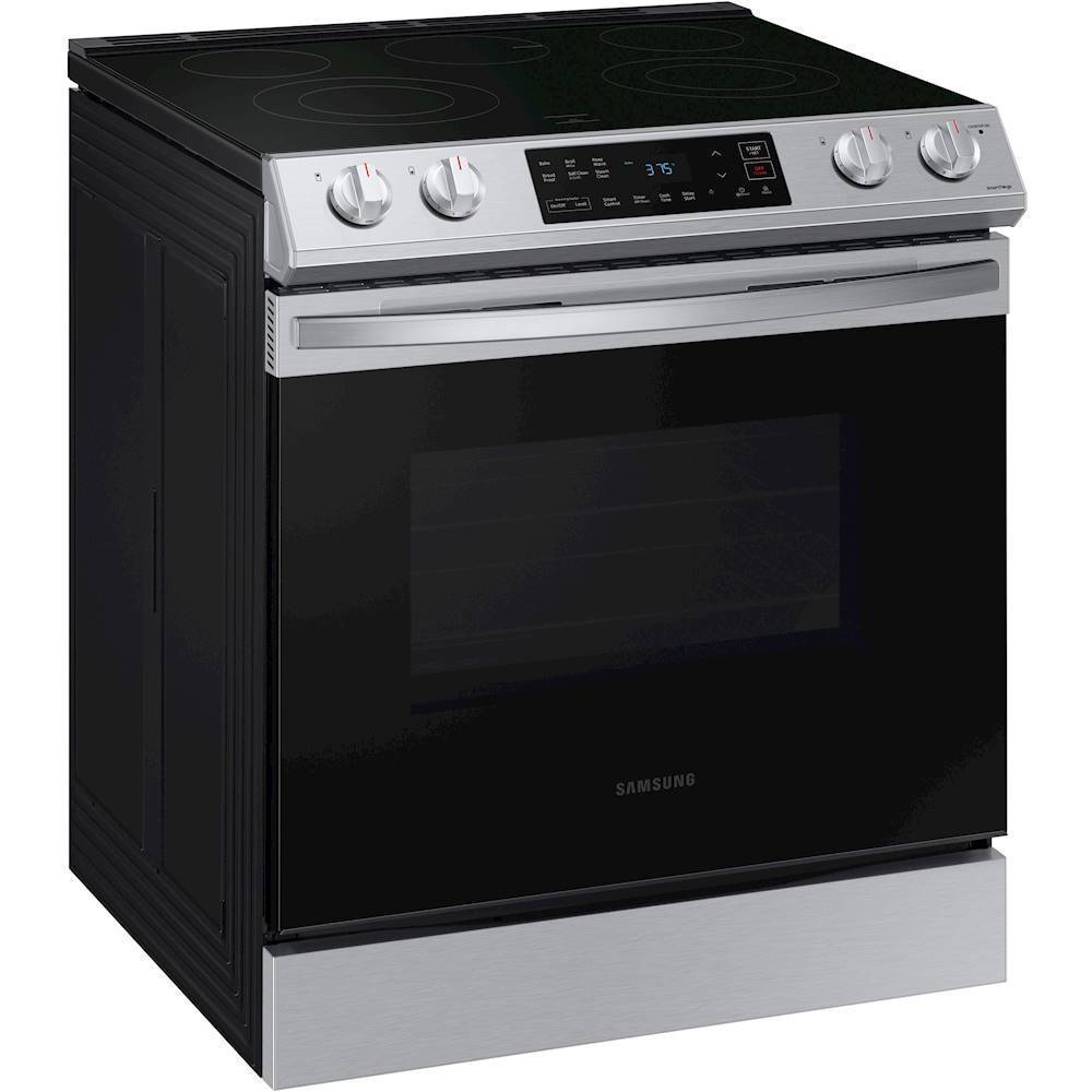 Angle View: Samsung - 6.3 cu. ft. Front Control Slide-In Electric Range with Wi-Fi, Fingerprint Resistant - Stainless steel