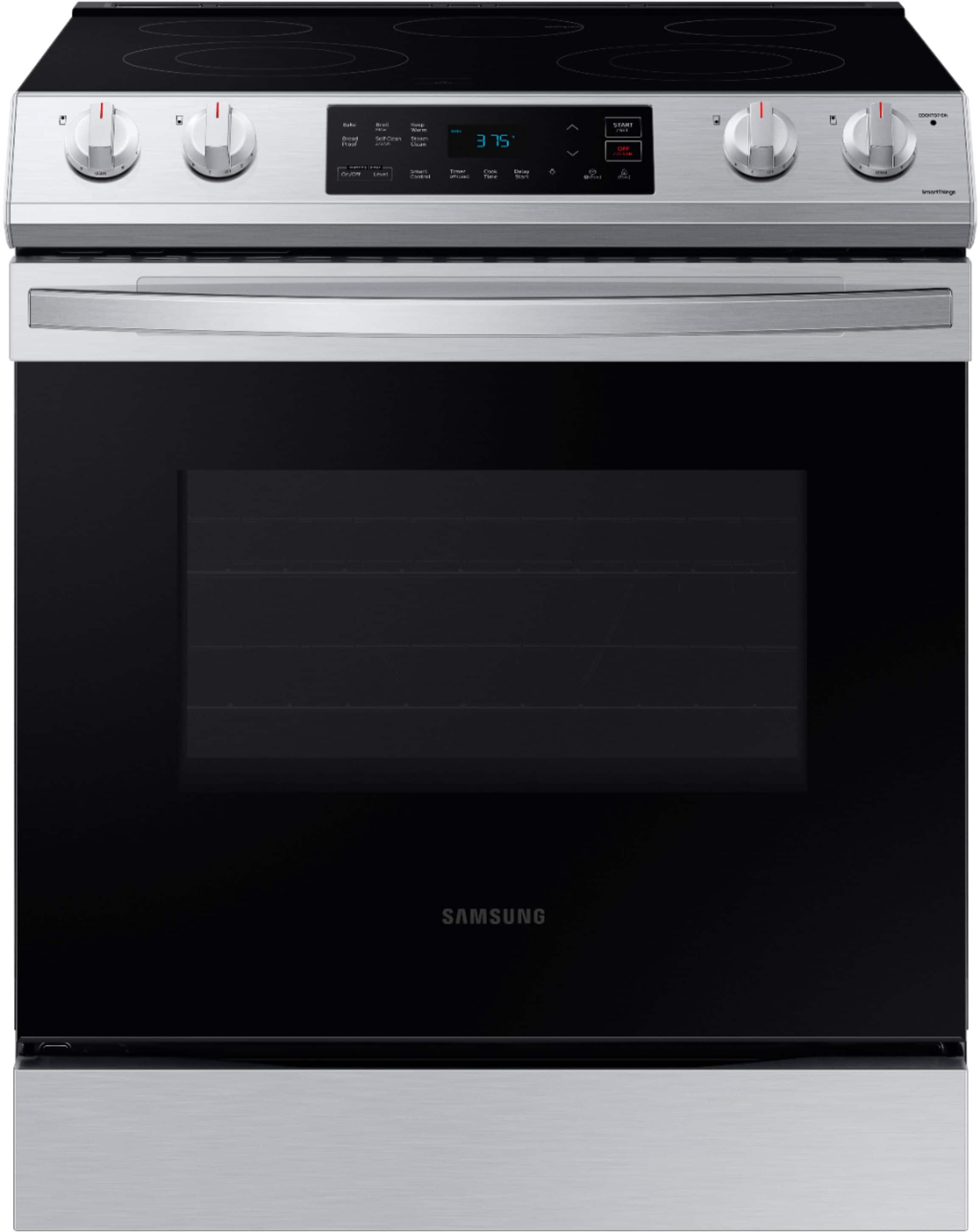Front. Samsung - 6.3 cu. ft. Front Control Slide-In Electric Range with Wi-Fi, Fingerprint Resistant - Stainless Steel.