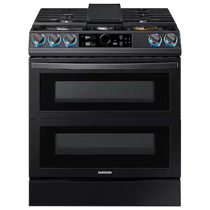 Front. Samsung - Flex Duo 6.3 cu. ft. Front Control Slide-in Dual Fuel Range with Smart Dial, Air Fry & WiFi, Fingerprint Resistant - Black Stainless Steel.