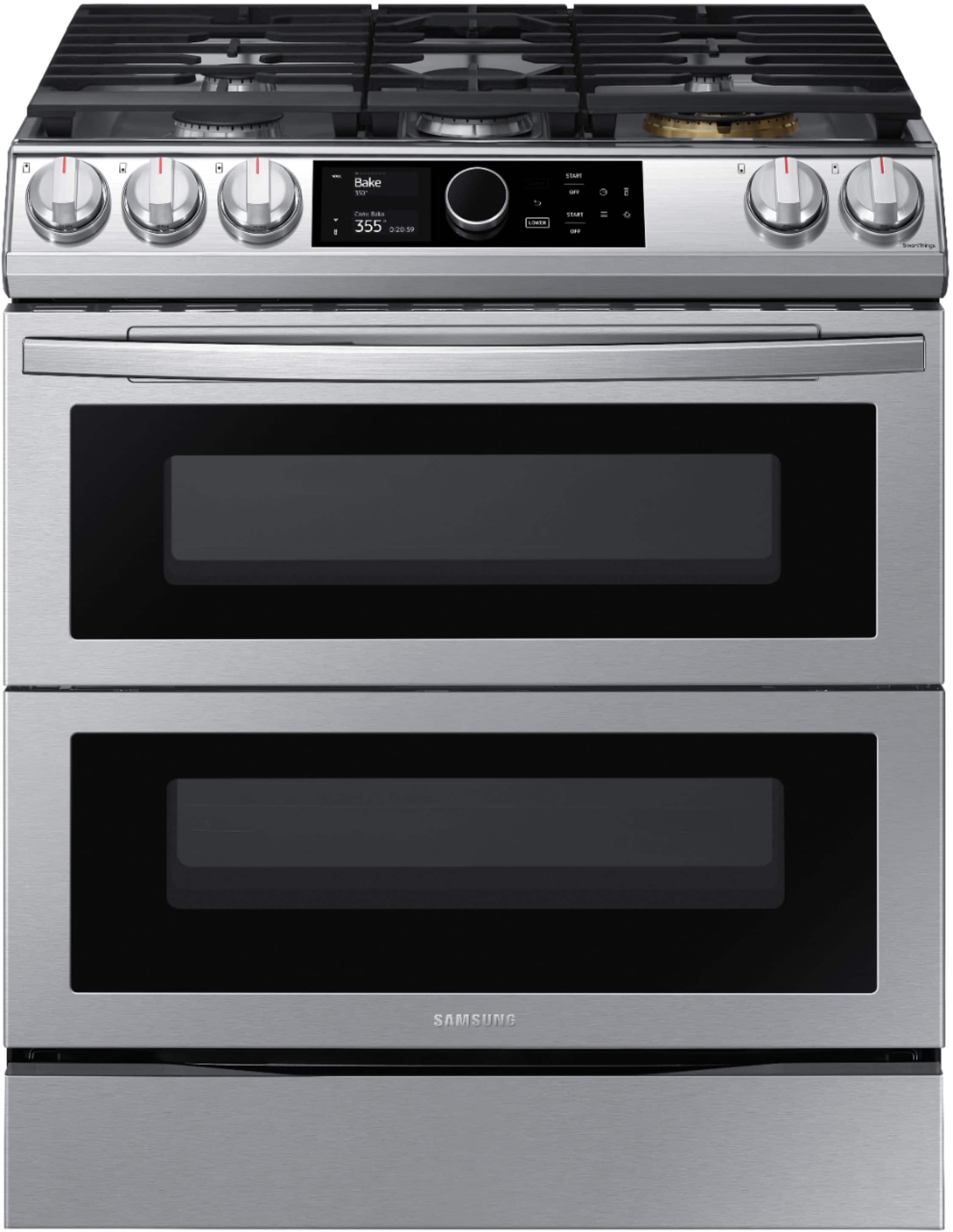 Front. Samsung - 6.0 cu. ft. Flex Duo Front Control Slide-in Gas Convection Range with Smart Dial, Air Fry & Wi-Fi Fingerprint Resistant - Stainless Steel.