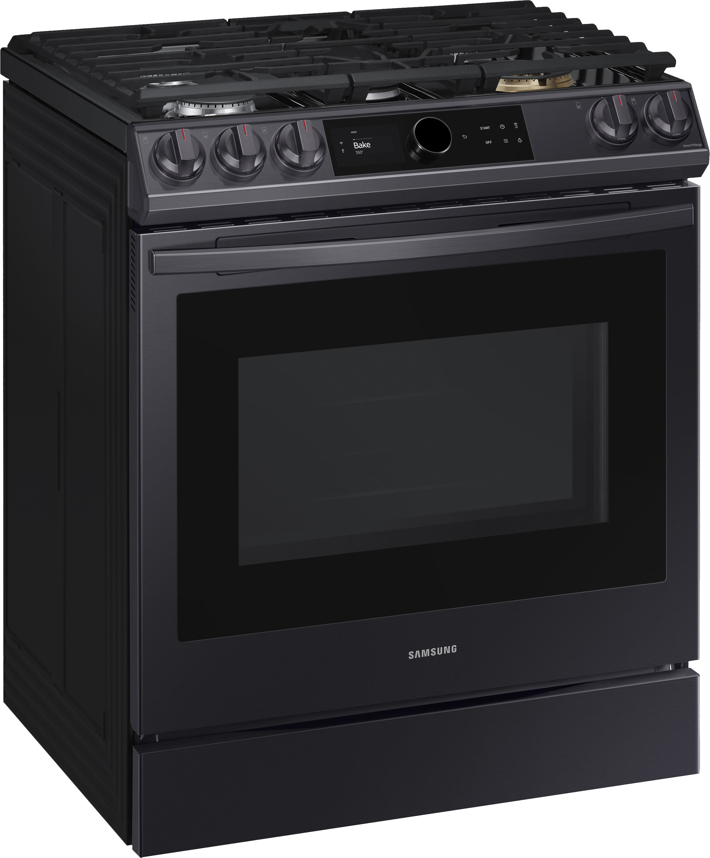 Angle View: Samsung - 6.0 Cu. Ft. Front Control Slide-in Gas Range with Smart Dial, Air Fry & Wi-Fi, Fingerprint Resistant - Navy steel