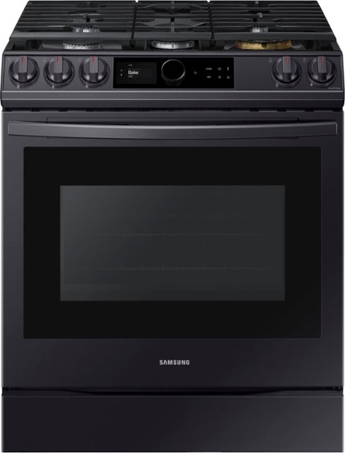 Front Zoom. Samsung - 6.0 Cu. Ft. Front Control Slide-in Gas Range with Smart Dial, Air Fry & Wi-Fi, Fingerprint Resistant - Black stainless steel.