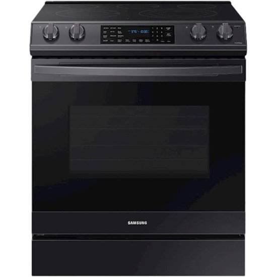 Front Zoom. Samsung - 6.3 cu. ft. Front Control Slide-In Electric Convection Range with Air Fry & Wi-Fi, Fingerprint Resistant - Black stainless steel.