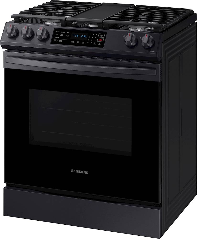 Left View: Samsung - 6.0 cu. ft. Front Control Slide-In Gas Range with Convection & Wi-Fi, Fingerprint Resistant - Black stainless steel