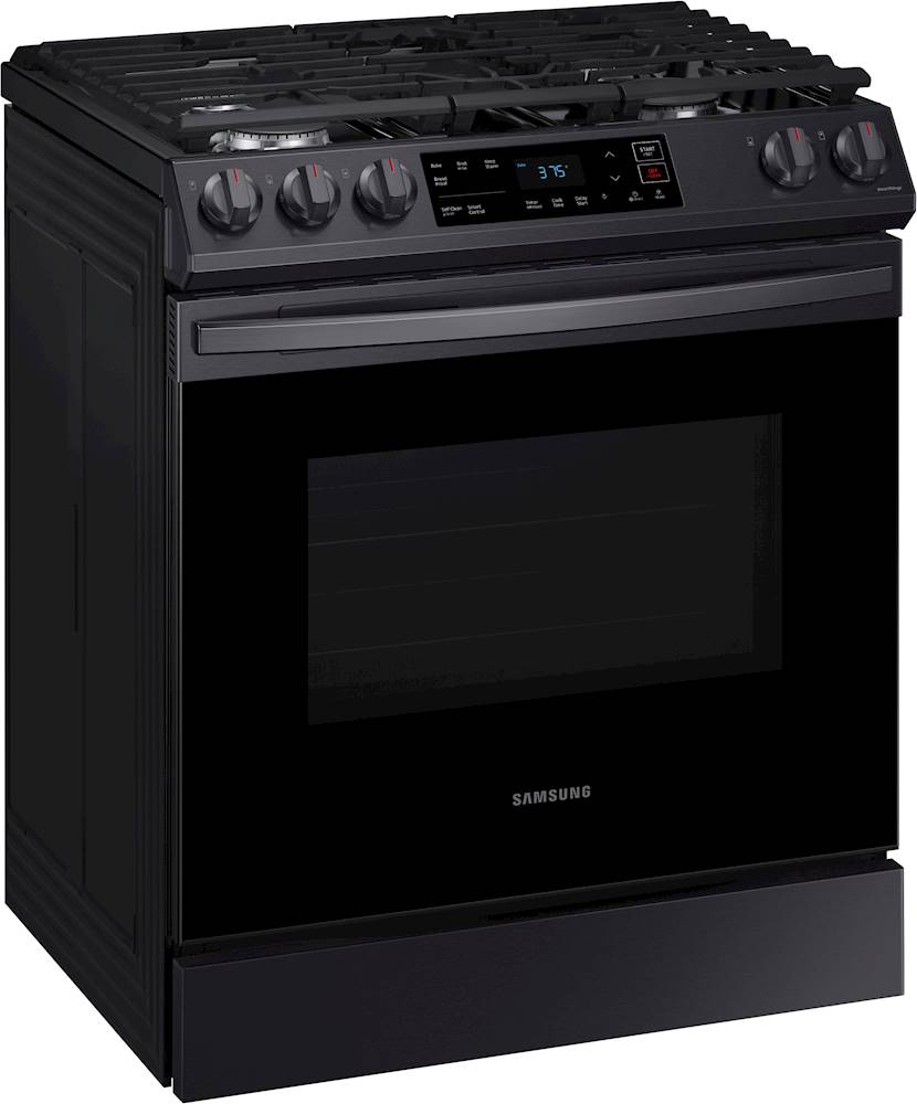 Angle View: Samsung - 5.8 cu. ft. Freestanding Electric Convection Range with Air Fry, Fingerprint Resistant - Black stainless steel