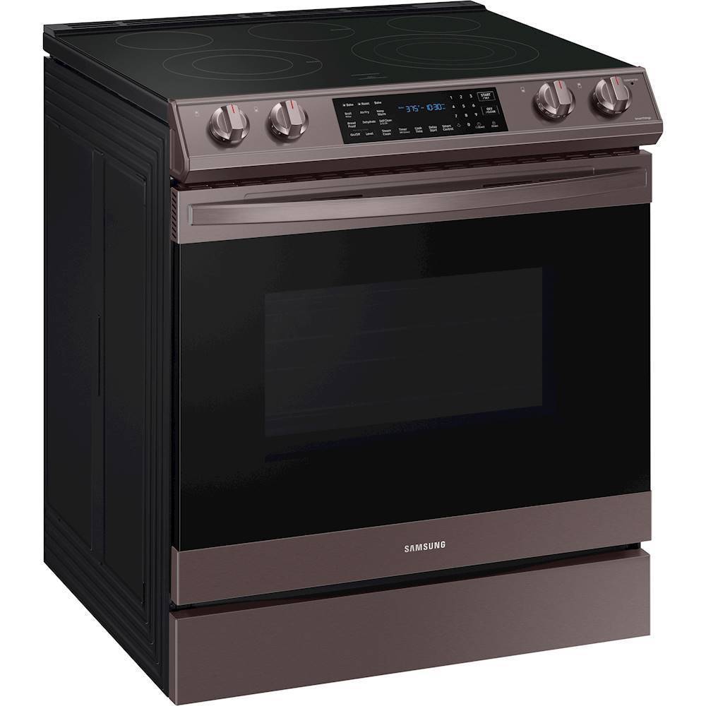 Angle View: Samsung - 6.3 cu. ft. Front Control Slide-In Electric Convection Range with Air Fry & Wi-Fi, Fingerprint Resistant - Tuscan stainless steel