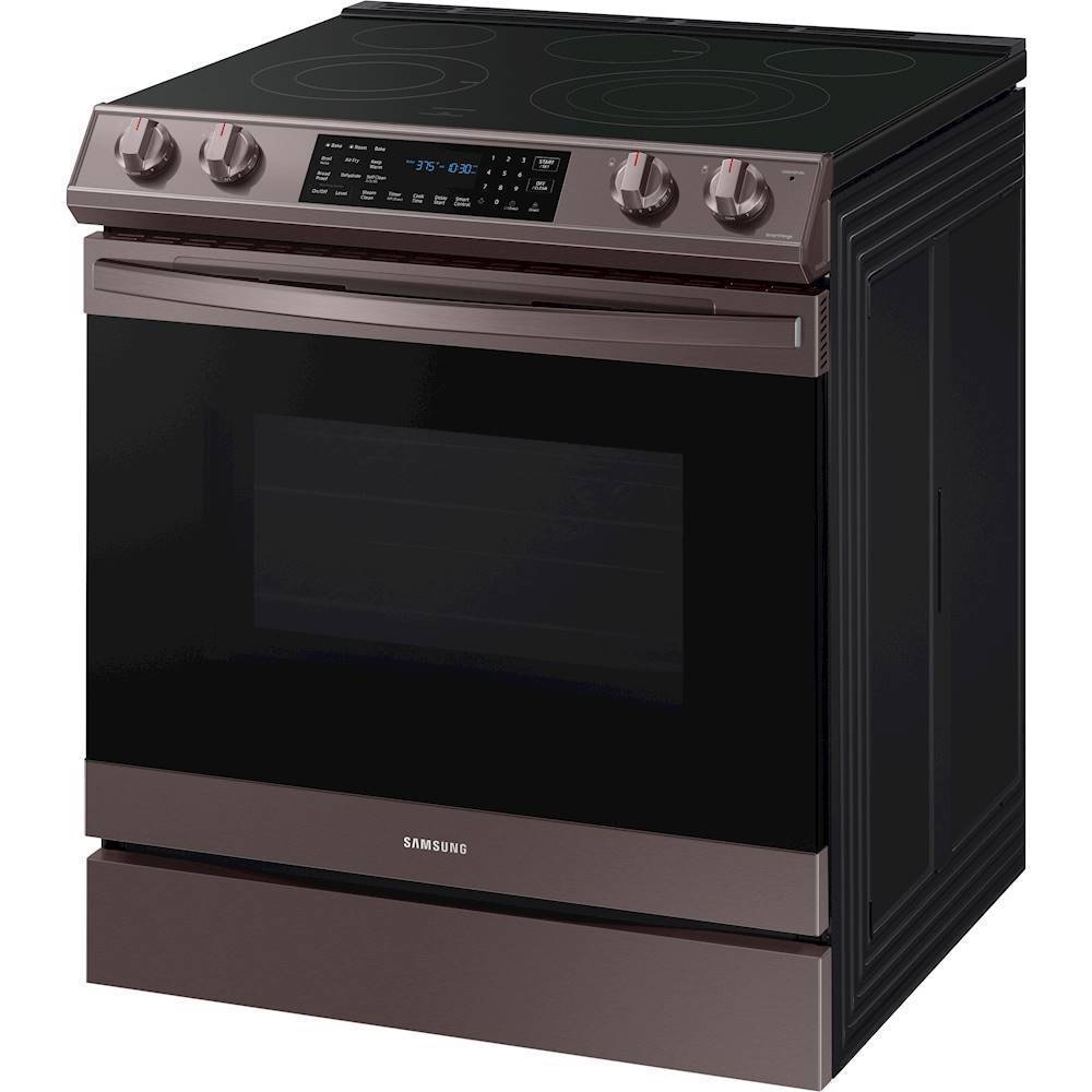 Left View: Samsung - 6.3 cu. ft. Front Control Slide-In Electric Convection Range with Air Fry & Wi-Fi, Fingerprint Resistant - Tuscan stainless steel