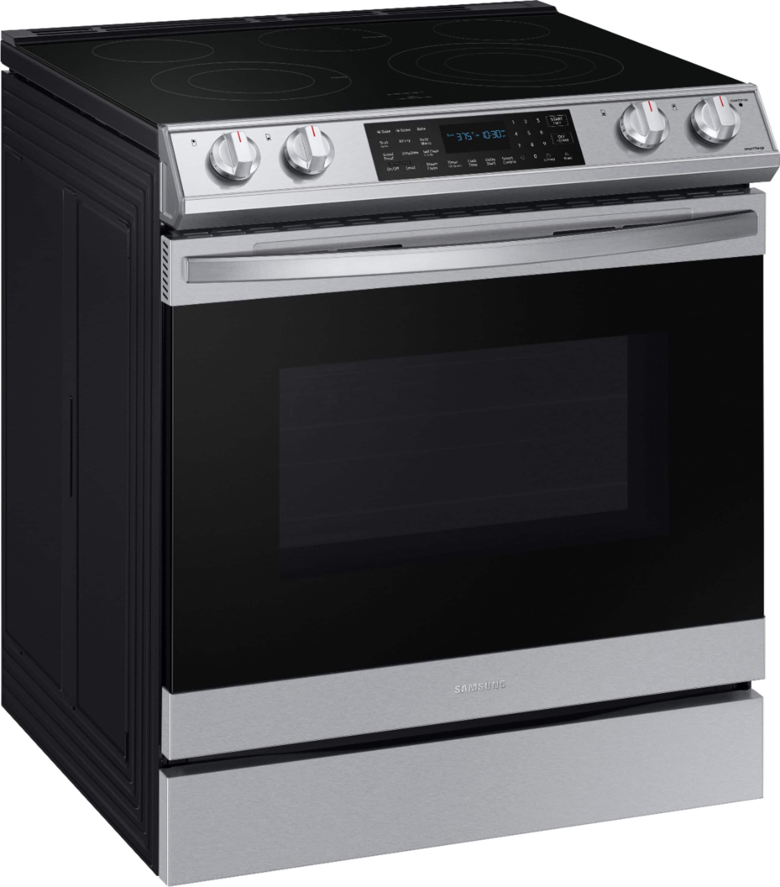 Angle. Samsung - 6.3 cu. ft. Front Control Slide-In Electric Convection Range with Air Fry & Wi-Fi, Fingerprint Resistant - Stainless Steel.