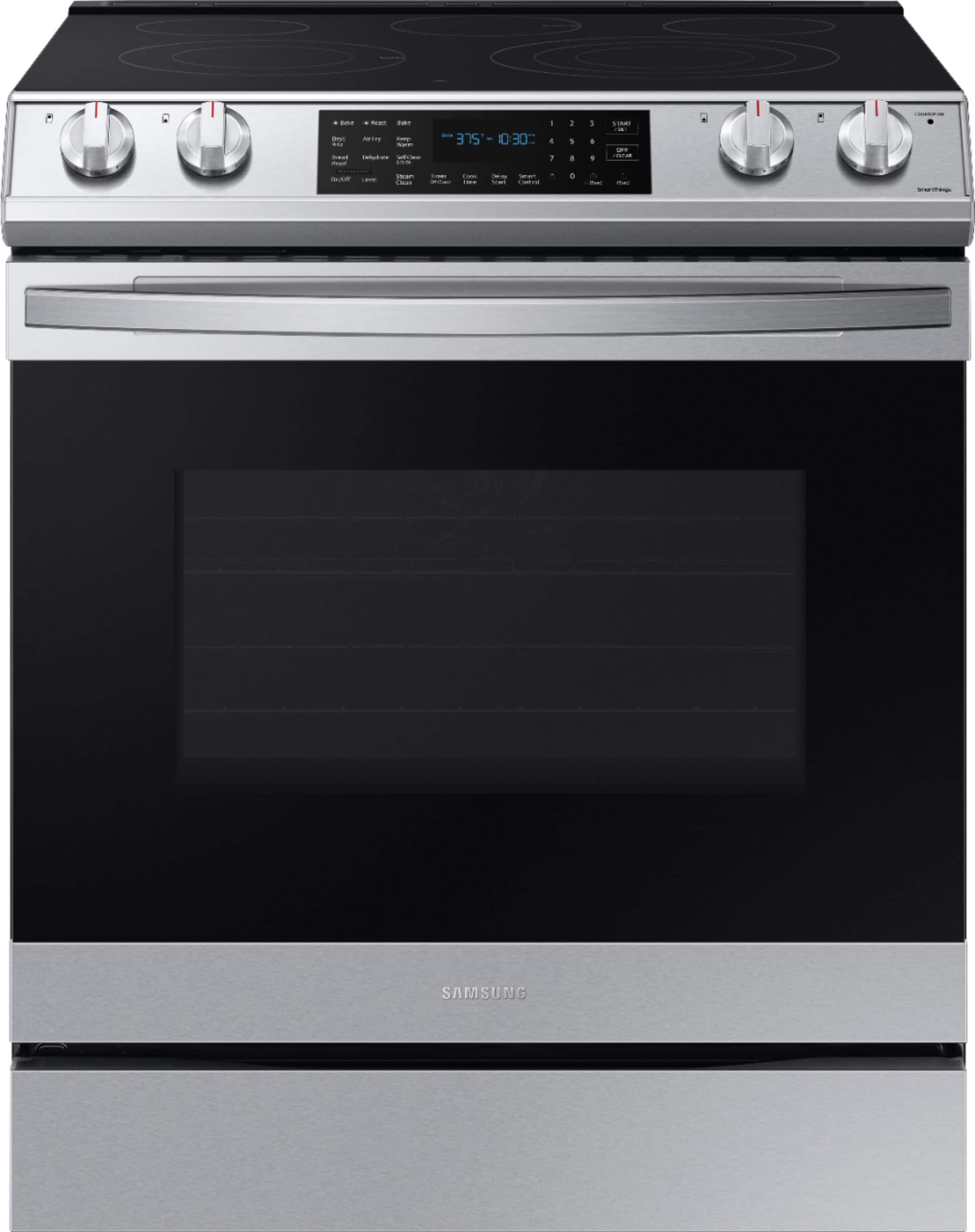 Front. Samsung - 6.3 cu. ft. Front Control Slide-In Electric Convection Range with Air Fry & Wi-Fi, Fingerprint Resistant - Stainless Steel.