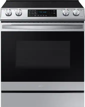 Front. Samsung - 6.3 cu. ft. Front Control Slide-In Electric Convection Range with Air Fry & Wi-Fi, Fingerprint Resistant - Stainless Steel.