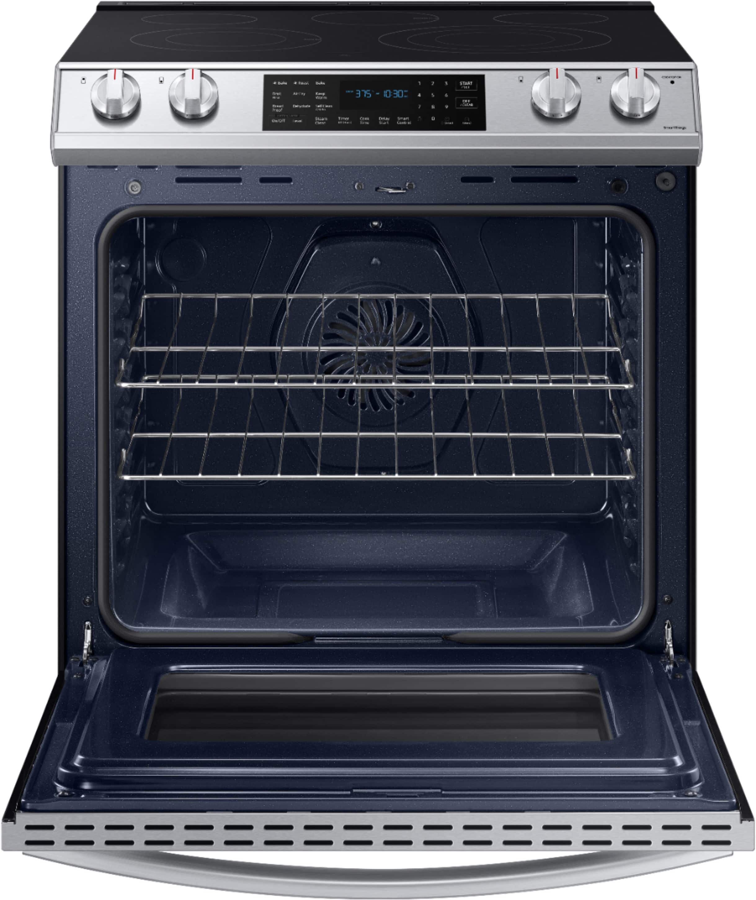 Alt View 2. Samsung - 6.3 cu. ft. Front Control Slide-In Electric Convection Range with Air Fry & Wi-Fi, Fingerprint Resistant - Stainless Steel.