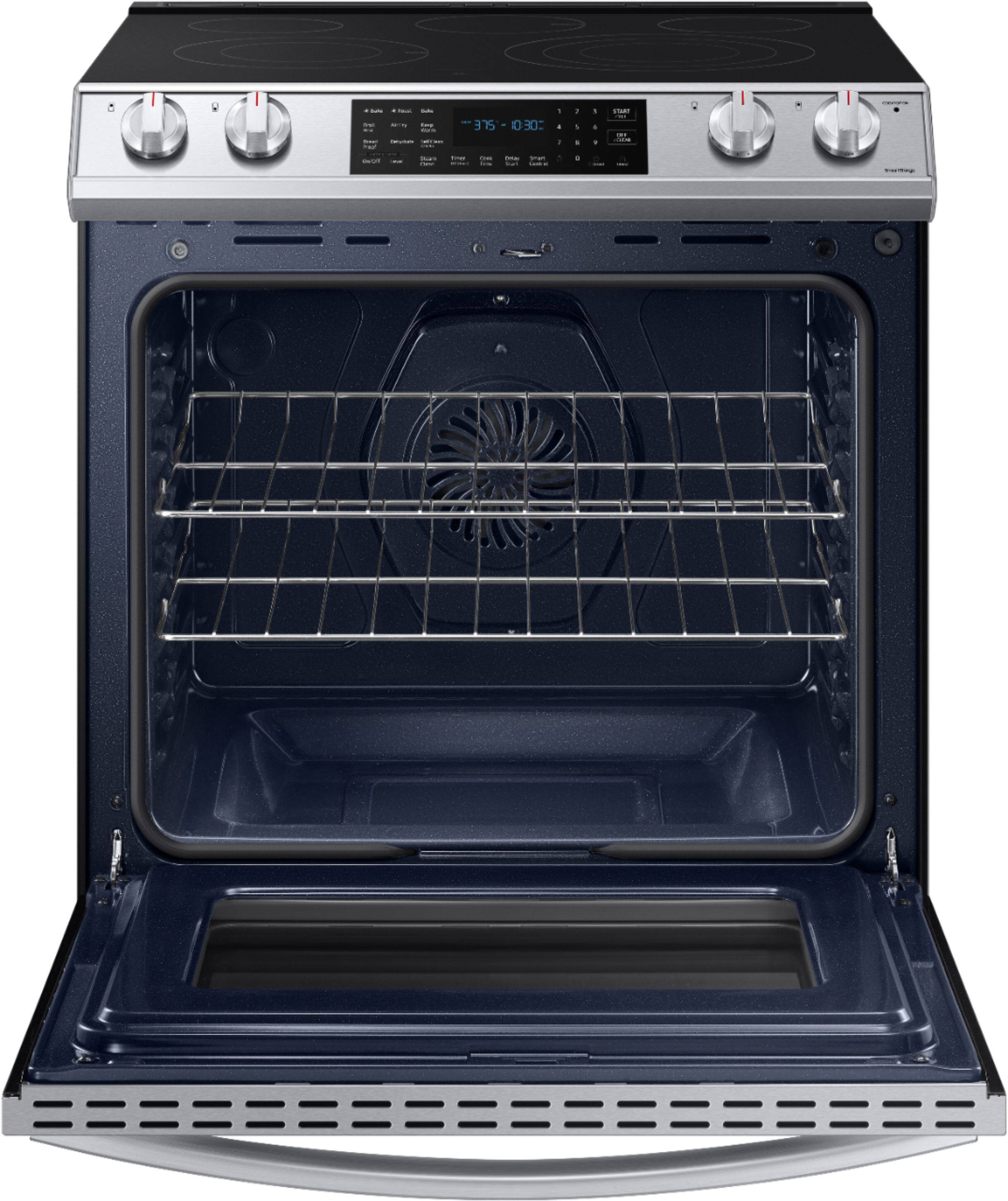 Alt View 2. Samsung - 6.3 cu. ft. Front Control Slide-In Electric Convection Range with Air Fry & Wi-Fi, Fingerprint Resistant - Stainless Steel.
