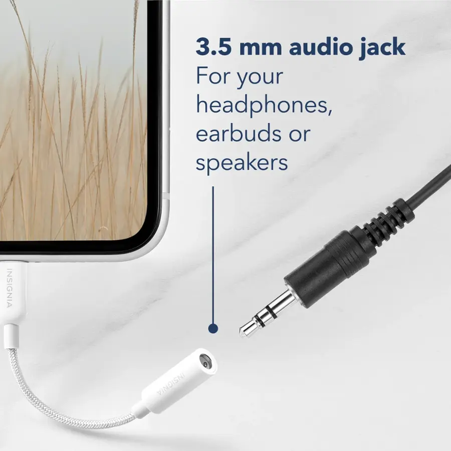 The image features a white phone with a 3.5 mm audio jack, which is designed for use with headphones, earbuds, or speakers. The audio jack is shown connected to the phone, indicating that it is ready for use. The image also includes a close-up view of the audio jack, emphasizing its importance in the device.