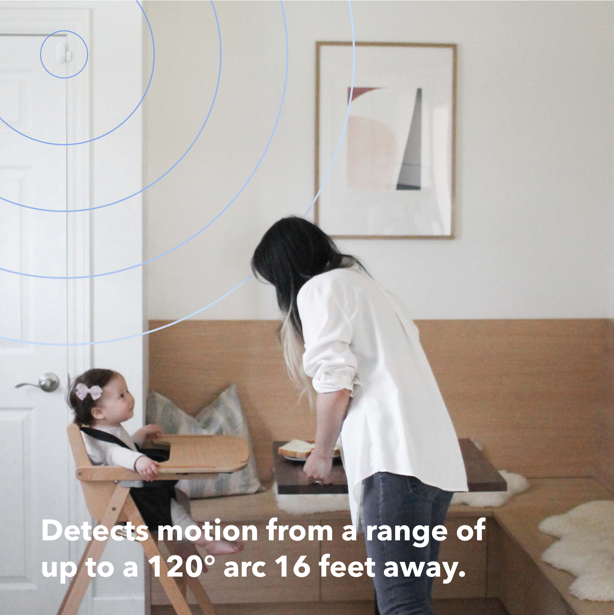 The text on the image reads: "Detects motion from a range of up to a 120 arc 16 feet away."