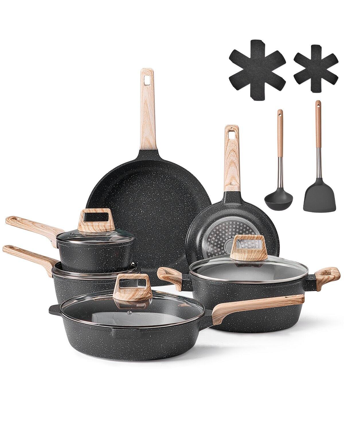 Front. Glintex - 17 Piece Pots and Pans Set Nonstick, Granite Induction Cookware with Frying and Sauce Pans for Kitchen Use - Black.