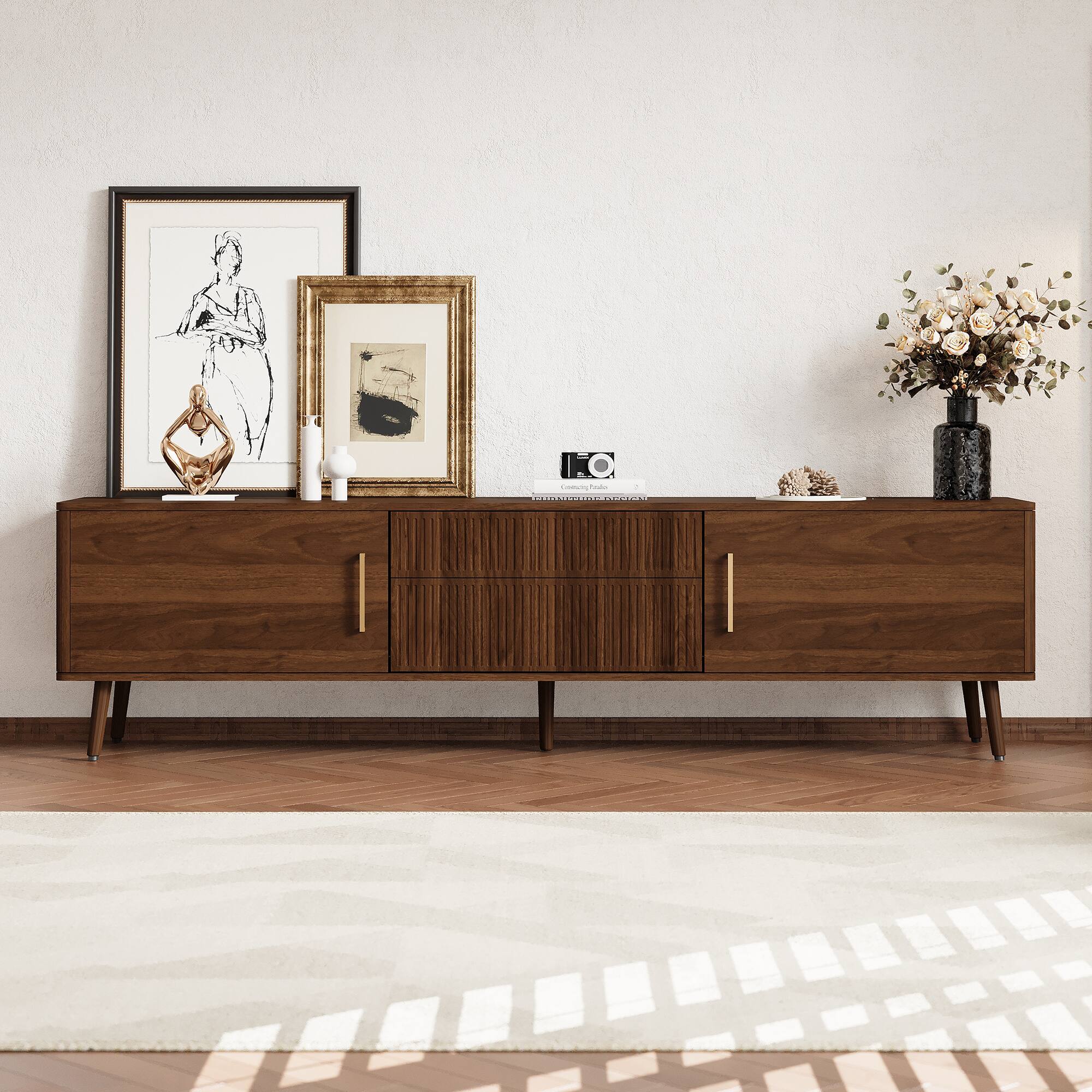 Left. MERAVOM - Mid Century TV Stand with 2 Drawers, Media Console for TVs up to 75'', Entertainment Center with Storage for Living room - Walnut.