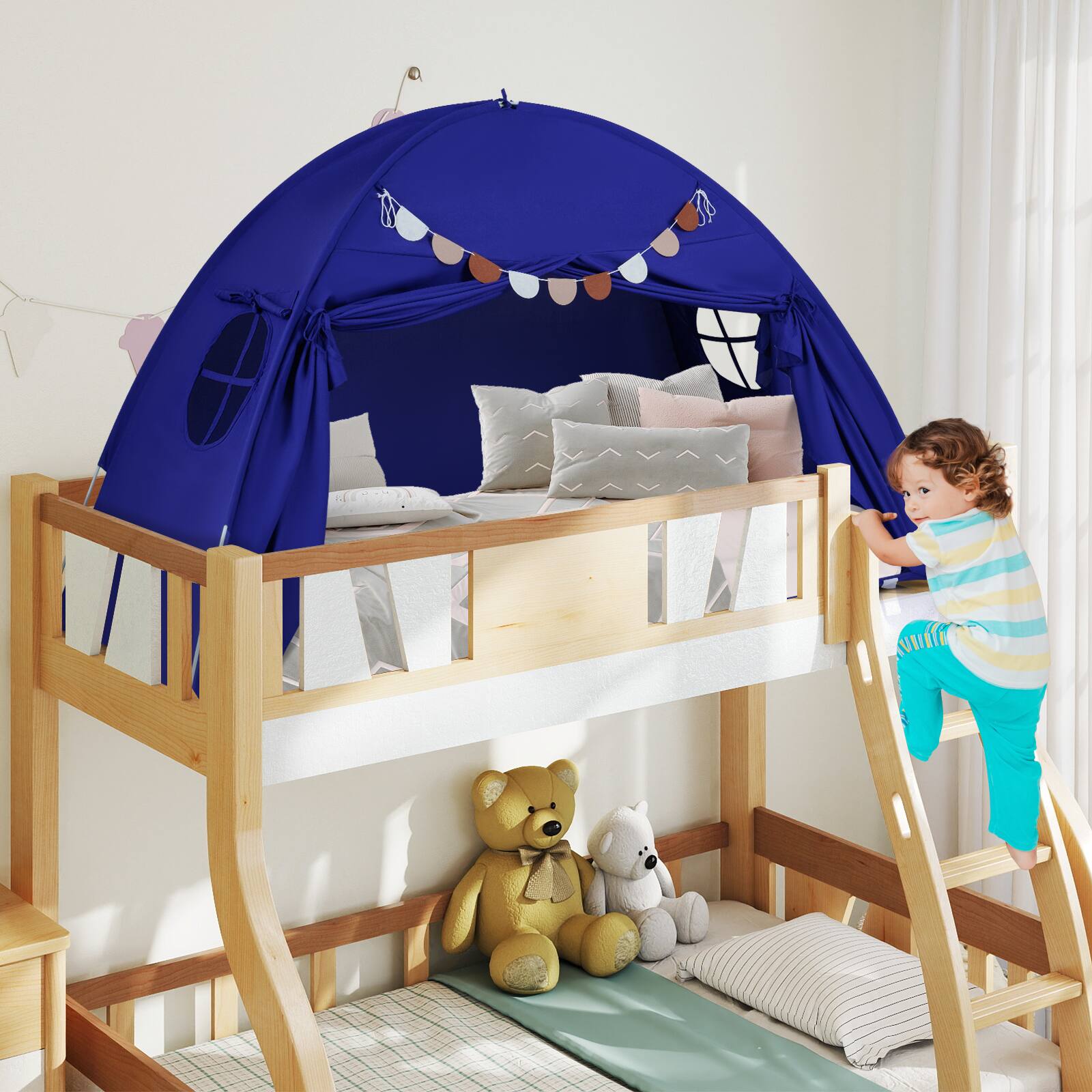 Alt View 3. Gymax - Gymax Twin Full Size Bed Tent w/2 Windows Flags for Boys & Girls Aged 3+ Years Old Navy - Navy.