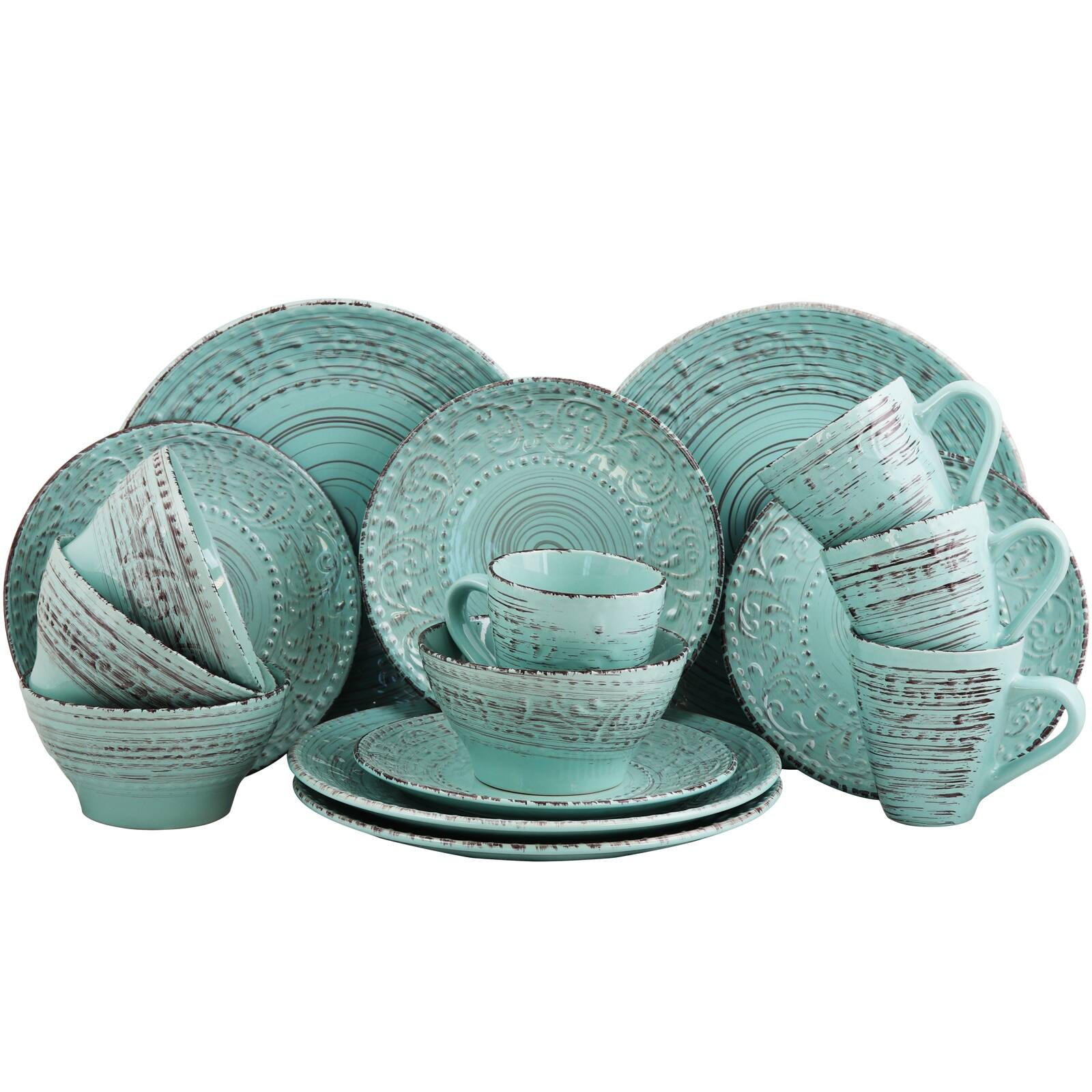 Alt View 4. Elama - Elama Malibu Waves 16-Piece Dinnerware Set in Turquoise - Turquoise.