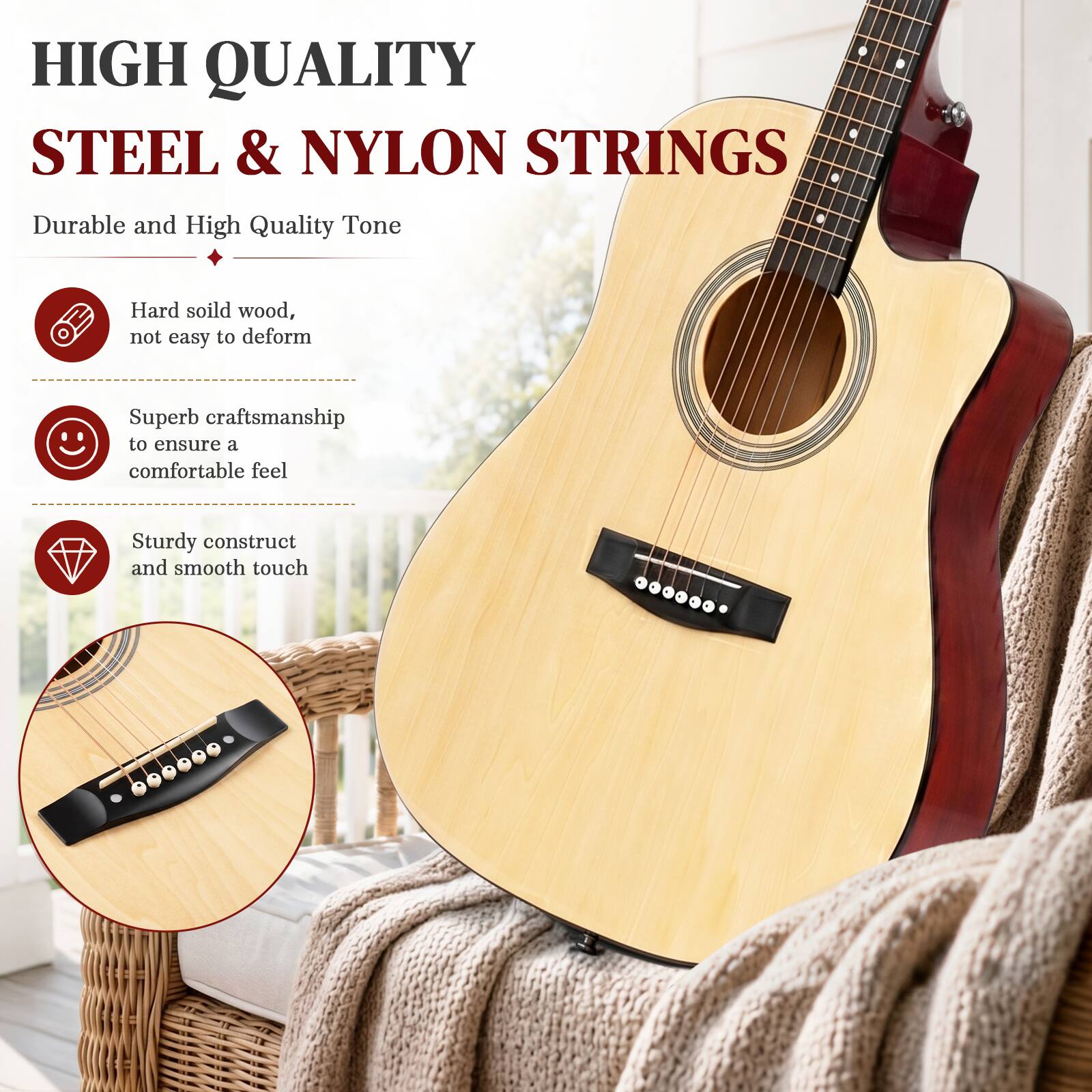 HIGH QUALITY STEEL & NYLON STRINGS

Durable and High Quality Tone

- Hard solid wood, not easy to deform
- Superb craftsmanship to ensure a comfortable feel
- Sturdy construct and smooth touch