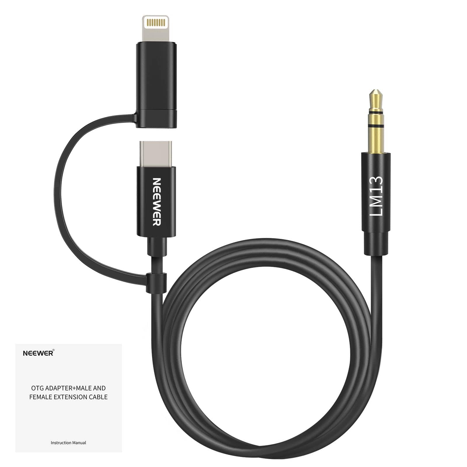 Neewer - 3.3ft 2-in-1 AUX Cable, 3.5mm to USB-C/iOS, for iPhone/Android, LM13