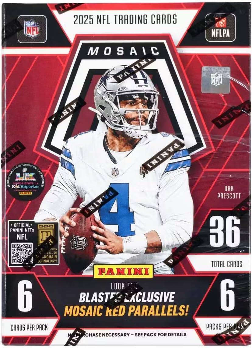 NFL IN 2025 NFL TRADING CARDS NFLPA MOSAIC HN PA OT  
NFL NIN INIMO INI PANINI THE 1N  
LP ENTER Kid SUPER Reporter BOWL REPORTER!  
DAK PARTZI PRESCOTT PANINI 4 OFFICIAL 300 PANINI NFTs 5 36 NFL  
ACTION NFL ALL ON KCHAIN _CHNOLOGY!  
TOTAL CARDS PANINI LOOK 6 MOSAIC BLASTES KED EXCLUSIVE PARALLELS!  
6 CARDS PER PACK PACKS PER RAS RCHASE NECESSARY-SEE SEE PACK FOR DETAILS