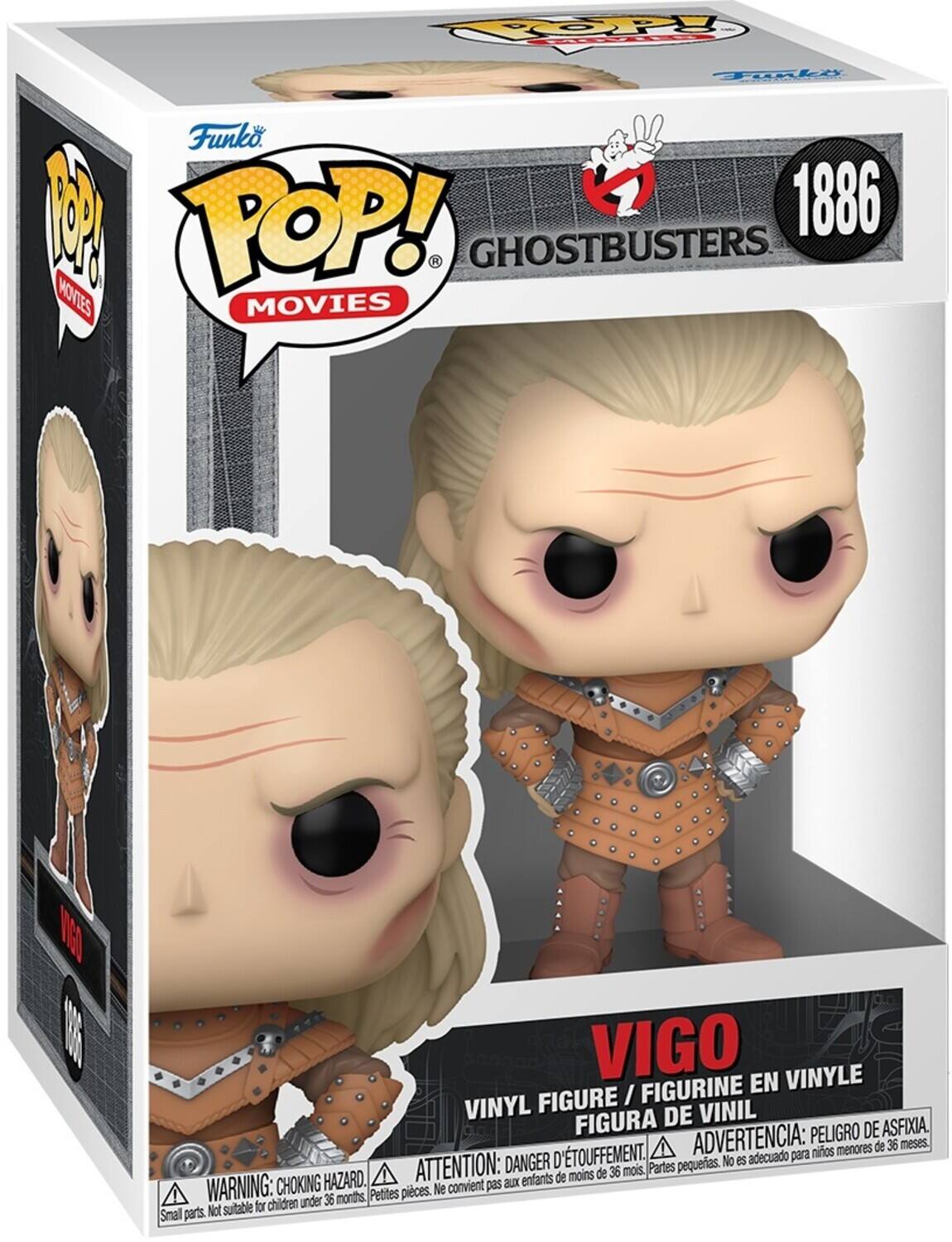 Sure, here is the corrected and grouped text from the image:

---

**Funko POP! MOVIES**

**GHOSTBUSTERS**

**1886**

**VIGO**

**VINYL FIGURE / FIGURINE EN VINYLE / FIGURA DE VINIL**

**WARNING: CHOKING HAZARD. Small parts. Not suitable for children under 36 months.**

**ATTENTION: DANGER D'ÉTOUFFEMENT. Petites pièces. Ne convient pas aux enfants de moins de 36 mois.**

**ADVERTENCIA: PELOJO DE ASFIXIA. D'TOUFFEMENT. ADVERTENCIA: para niños menores de 36 meses.**

---

This text is organized to reflect the information on the packaging, including the brand, series, character, and safety warnings.
