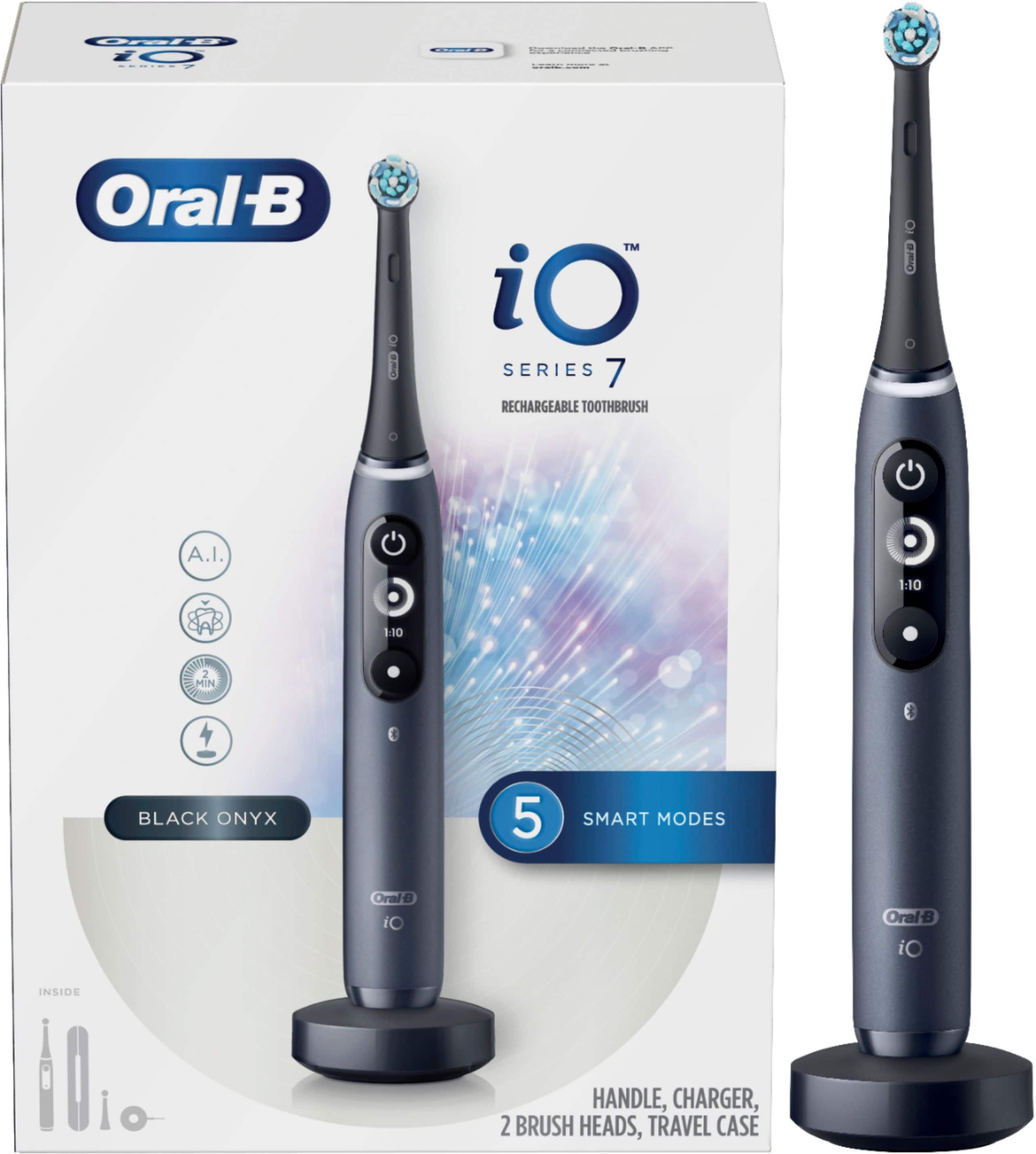 Oral-B iO Series 7 Rechargeable Toothbrush - Black Onyx 5 Smart Modes - 1:10 110 : Black Onyx 5 Smart Modes - Oral-B iO - Inside Handle, Charger, 2 Brush Heads, Travel Case.
