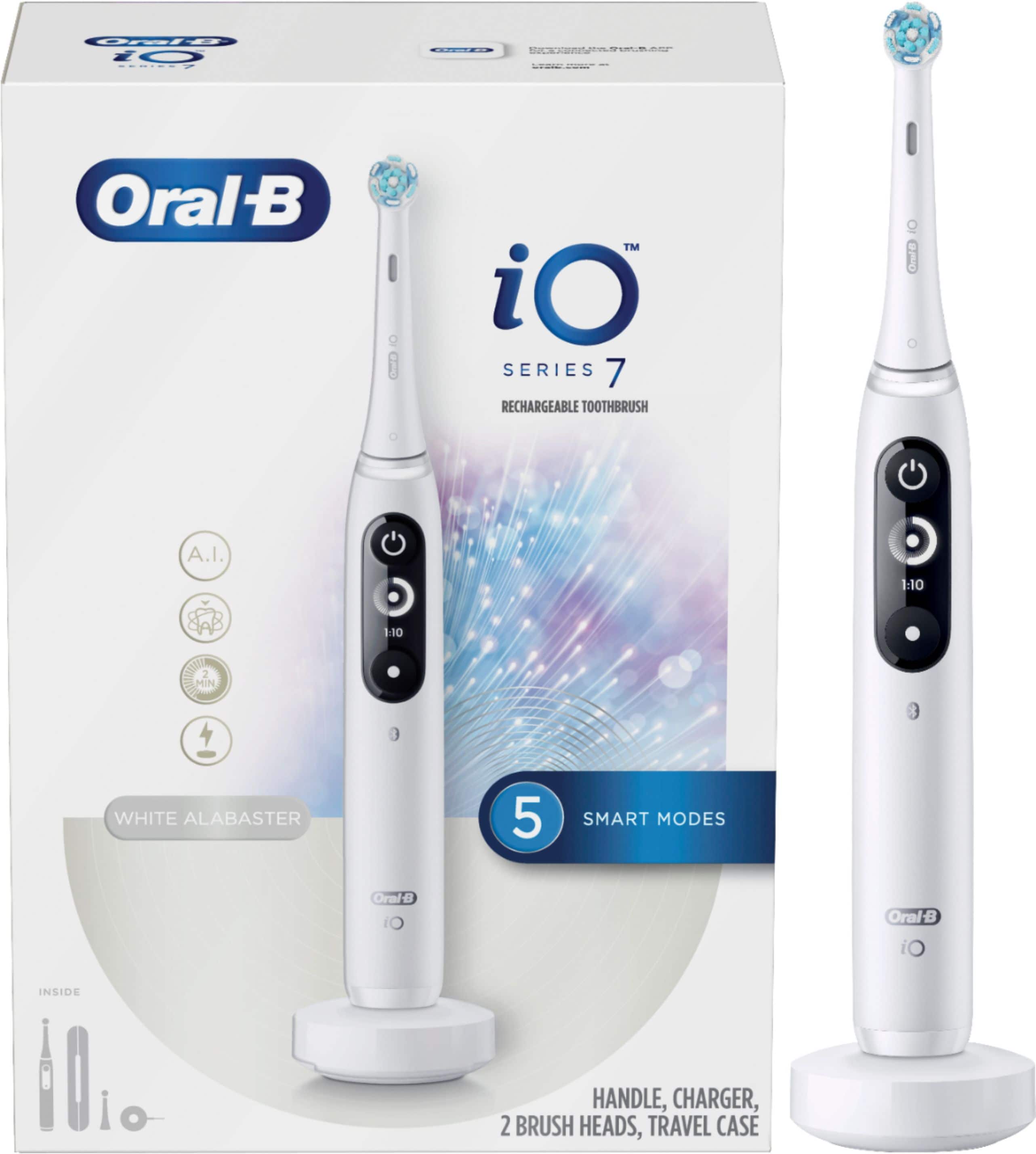 Oral-B iO Series 7 Rechargeable Toothbrush - White Alabaster - 5 Smart Modes - 1-10 110 - Handles Charger - 2 Brush Heads - Travel Case