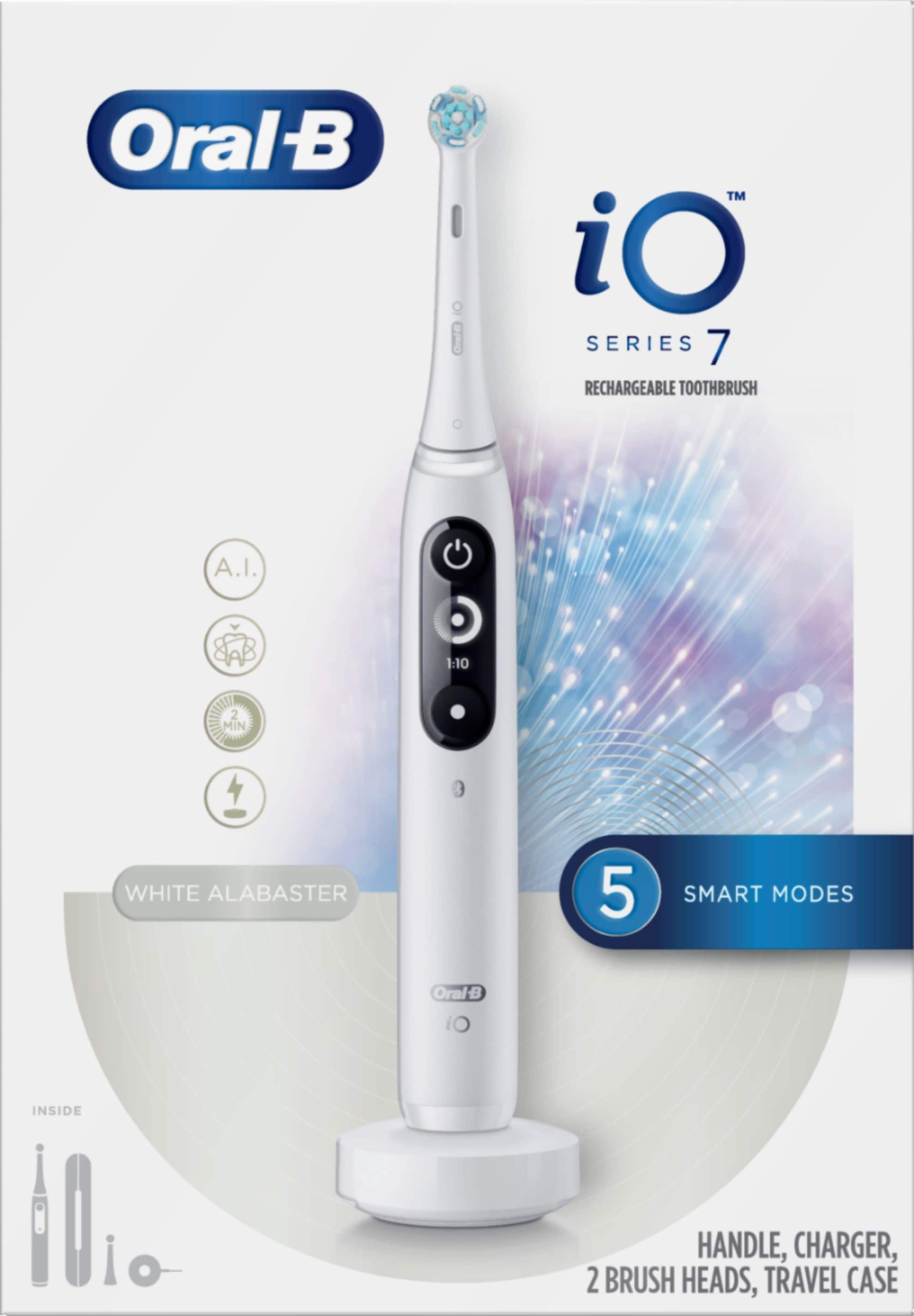 Oral-B iO Series 7 Rechargeable Toothbrush A.I. 1-10 2 Min White Alabaster 5 Smart Modes Oral-B iO Inside Handle, Charger, 2 Brush Heads, Travel Case