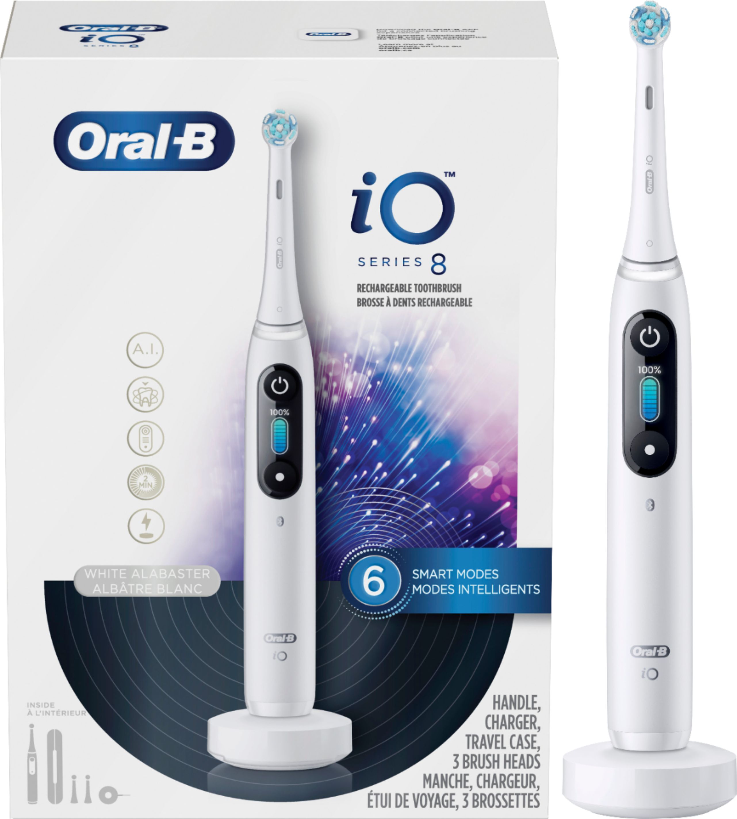 Left View: Oral-B - iO Series 8 Connected Rechargeable Electric Toothbrush - White Alabaster