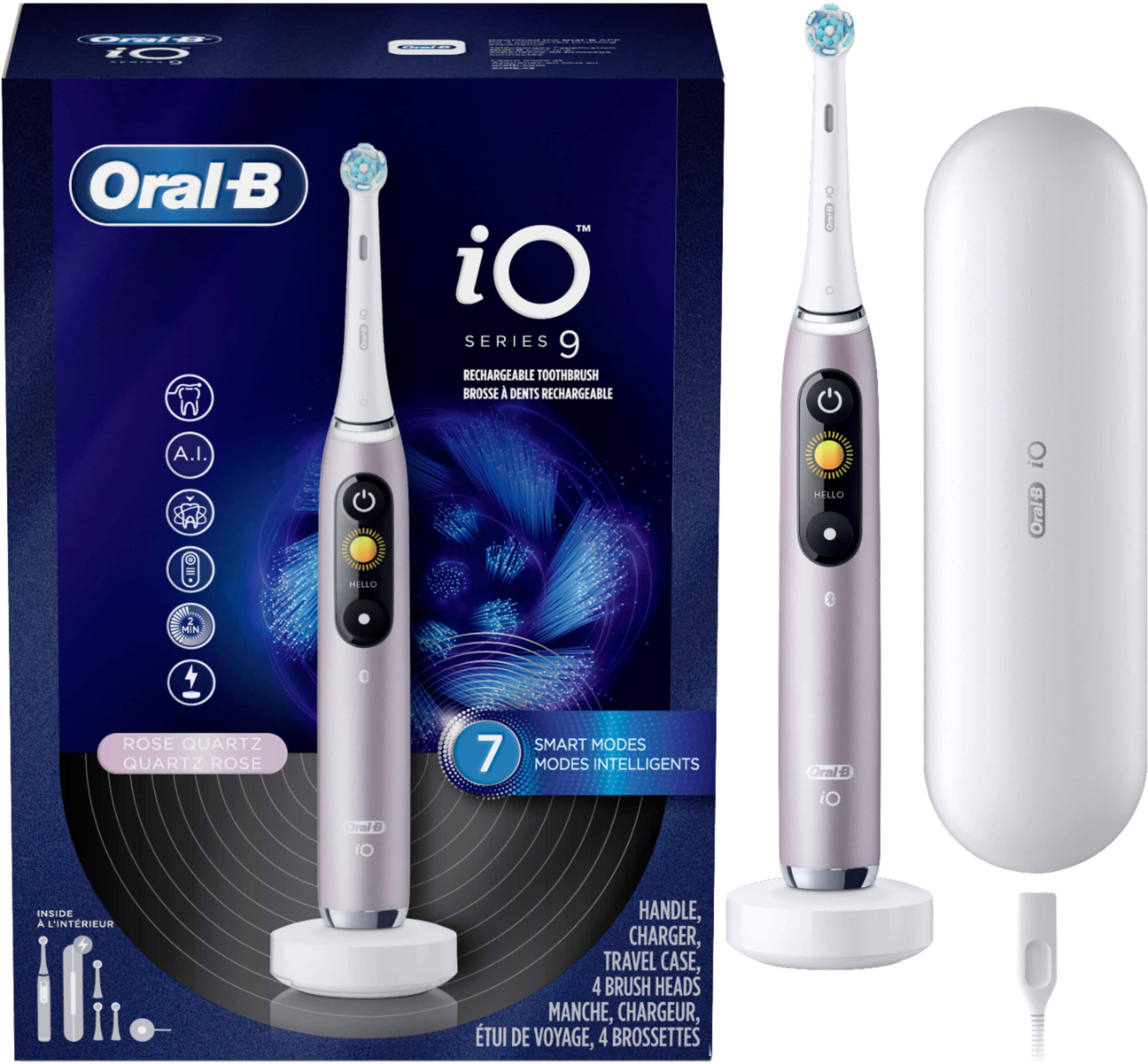 Oral-B iO Series 9 Rechargeable Toothbrush - Rose Quartz - 7 Smart Modes - Intelligent - A.I. Hello - Oral-B Hello Rose Quartz - 4 Brush Heads - Handle, Charger, Travel Case - 4 Brush Heads - Manche, Chargeur, Tui De Voyage - 4 Brossettes