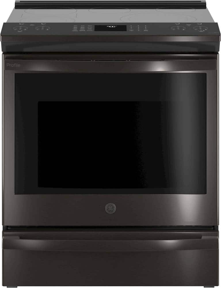 Front. GE Profile - 5.3 Cu. Ft. Slide-In Electric True Convection Range with Self-Steam Cleaning - Black Stainless Steel.