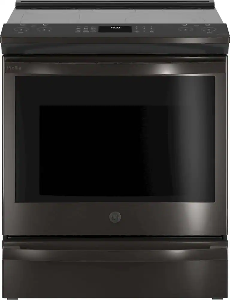 Front. GE Profile - 5.3 Cu. Ft. Slide-In Electric True Convection Range with Self-Steam Cleaning - Black Stainless Steel.