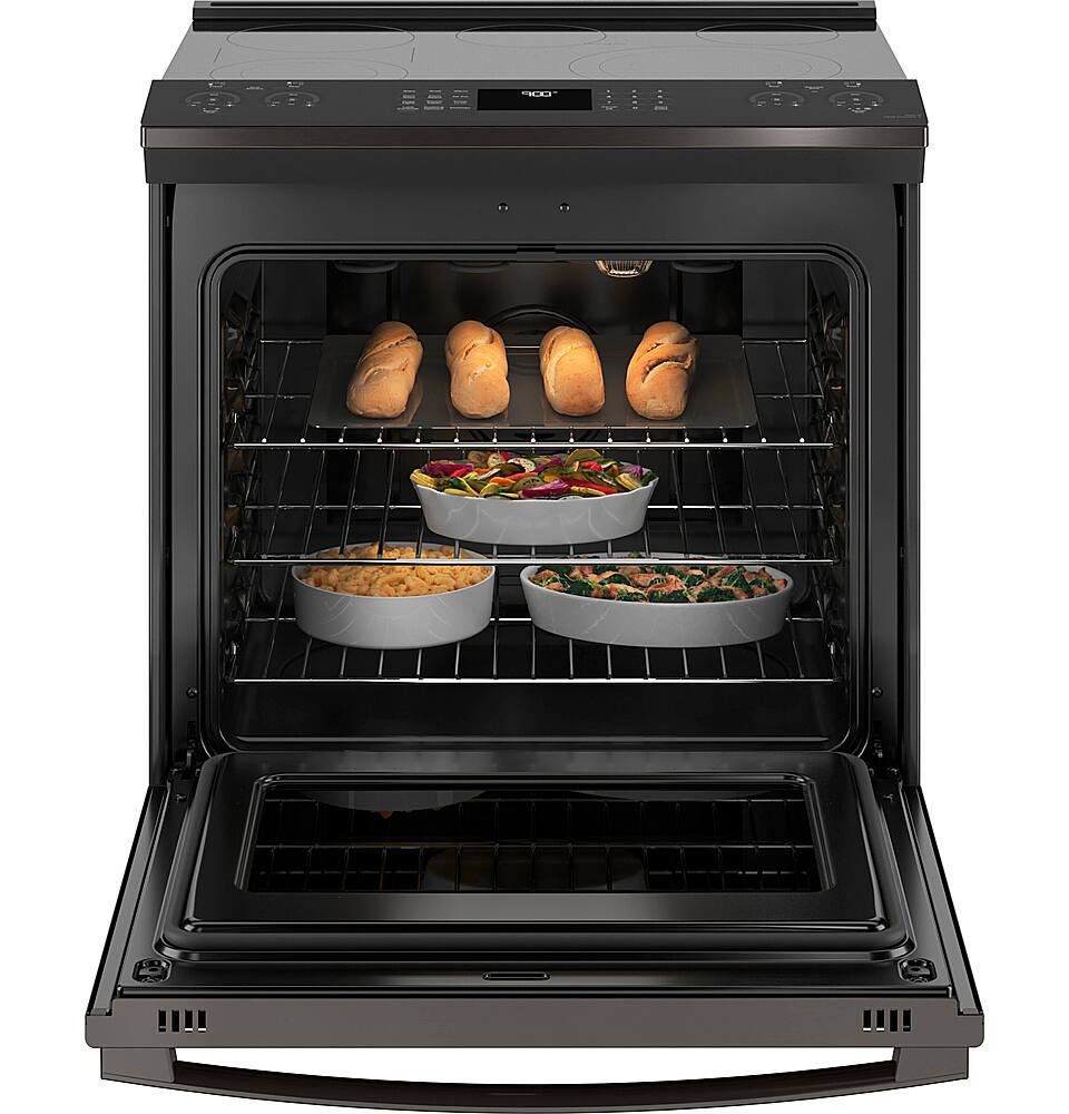 Alt View 12. GE Profile - 5.3 Cu. Ft. Slide-In Electric True Convection Range with Self-Steam Cleaning - Black Stainless Steel.