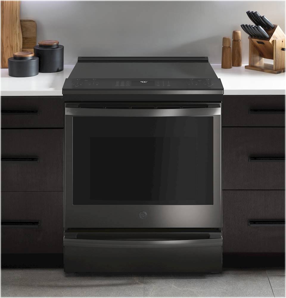 Alt View 13. GE Profile - 5.3 Cu. Ft. Slide-In Electric True Convection Range with Self-Steam Cleaning - Black Stainless Steel.