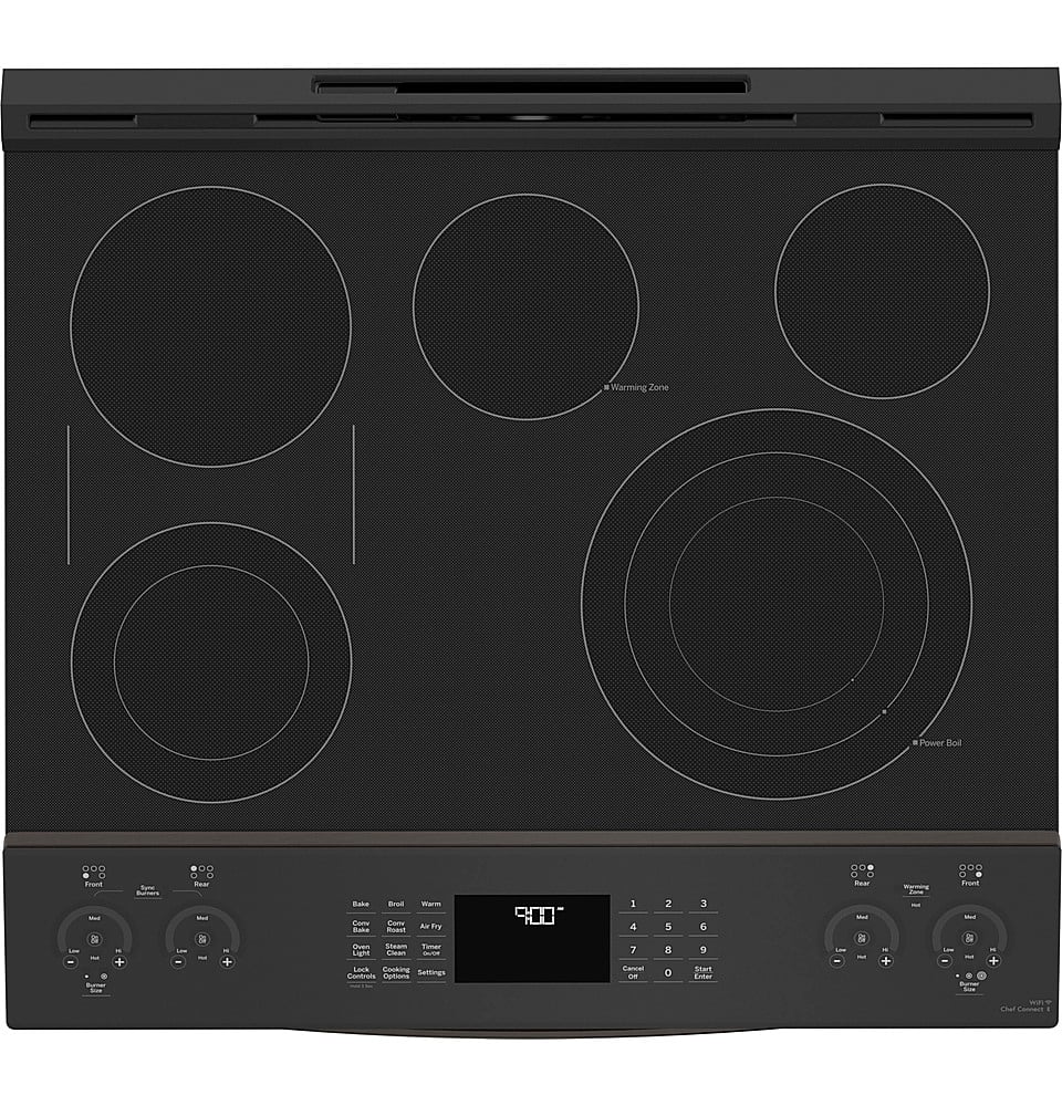 Alt View 2. GE Profile - 5.3 Cu. Ft. Slide-In Electric True Convection Range with Self-Steam Cleaning - Black Stainless Steel.