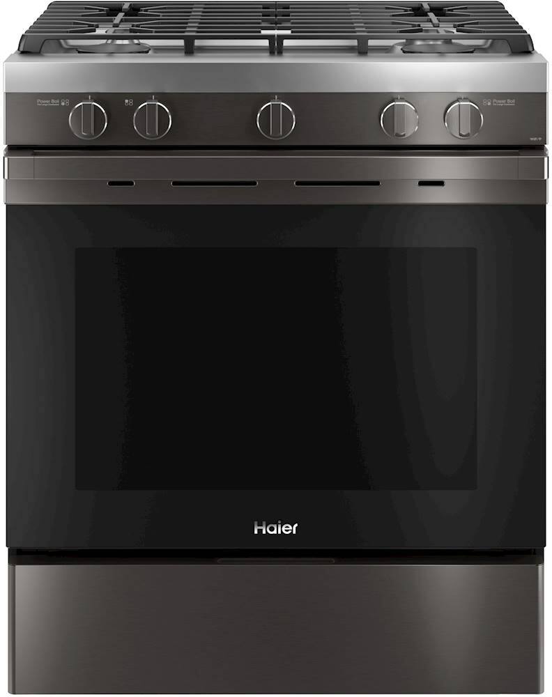 Front. Haier - 5.6 Cu. Ft. Slide-In Gas Convection Range with Self-Steam Cleaning and No-Preheat Air Fry - Black Stainless Steel.