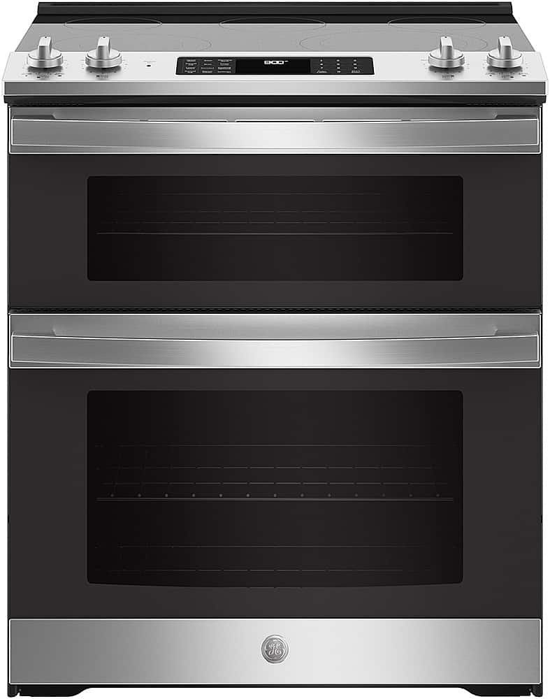 Front. GE - 6.6 Cu. Ft. Slide-In Double Oven Electric True Convection Range with Self-Steam Cleaning and No-Preheat Air Fry - Stainless Steel.