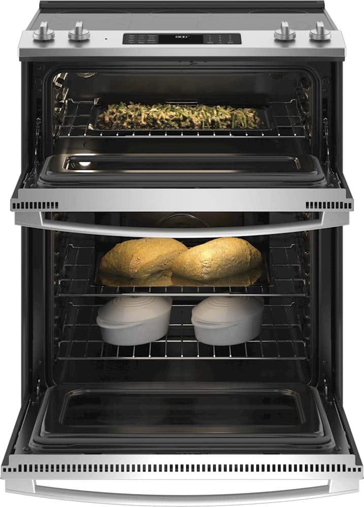 Alt View 2. GE - 6.6 Cu. Ft. Slide-In Double Oven Electric True Convection Range with Self-Steam Cleaning and No-Preheat Air Fry - Stainless Steel.