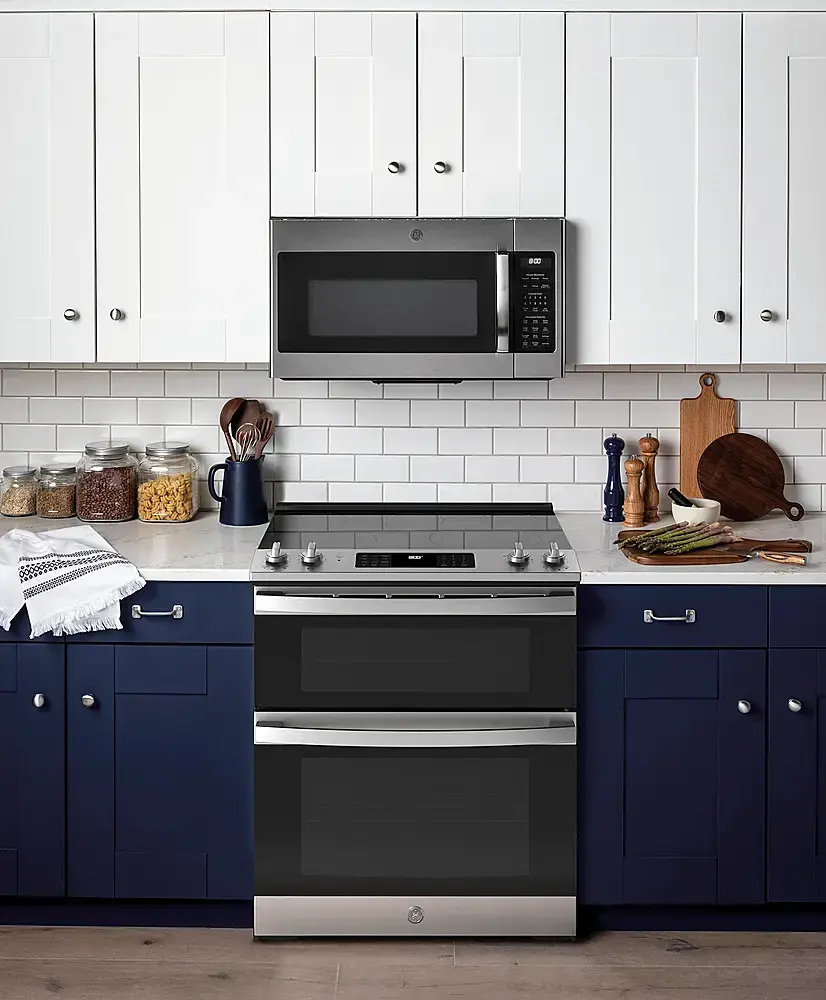 Alt View 12. GE - 6.6 Cu. Ft. Slide-In Double Oven Electric True Convection Range with Self-Steam Cleaning and No-Preheat Air Fry - Stainless Steel.
