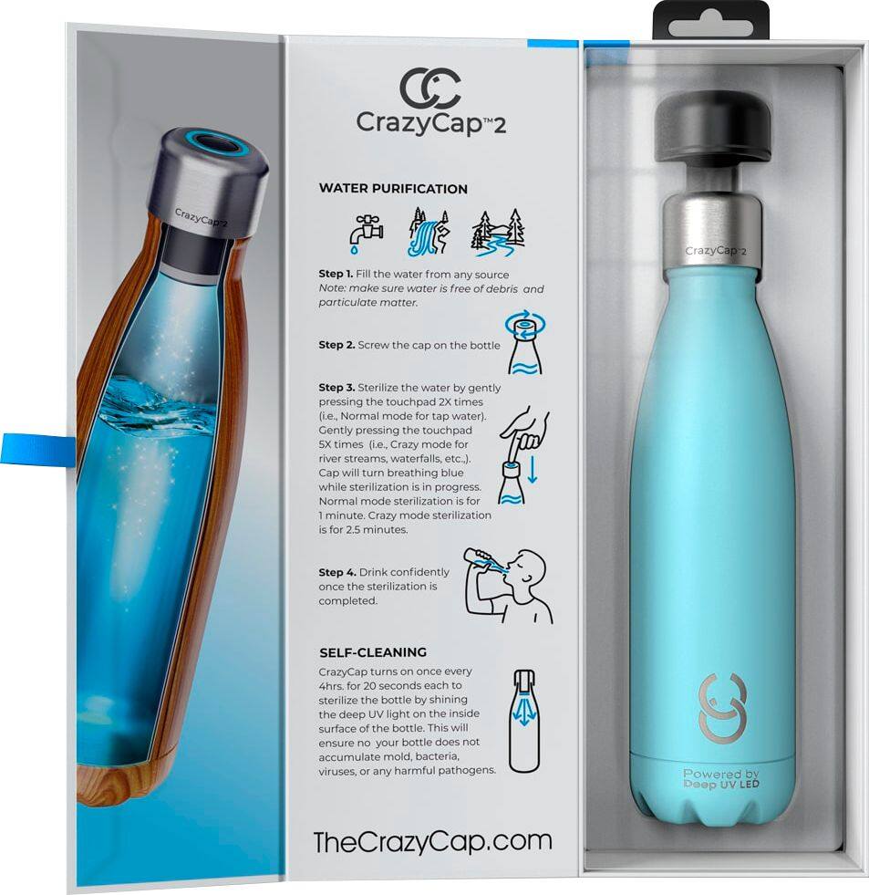 Left View: CrazyCap - 17oz. UV-CWater Purification Thermal Bottle - Cyan