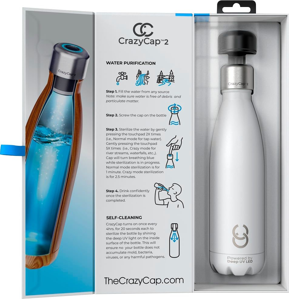 Left View: CrazyCap - 17oz. UV-C Water Purification Thermal Bottle - White