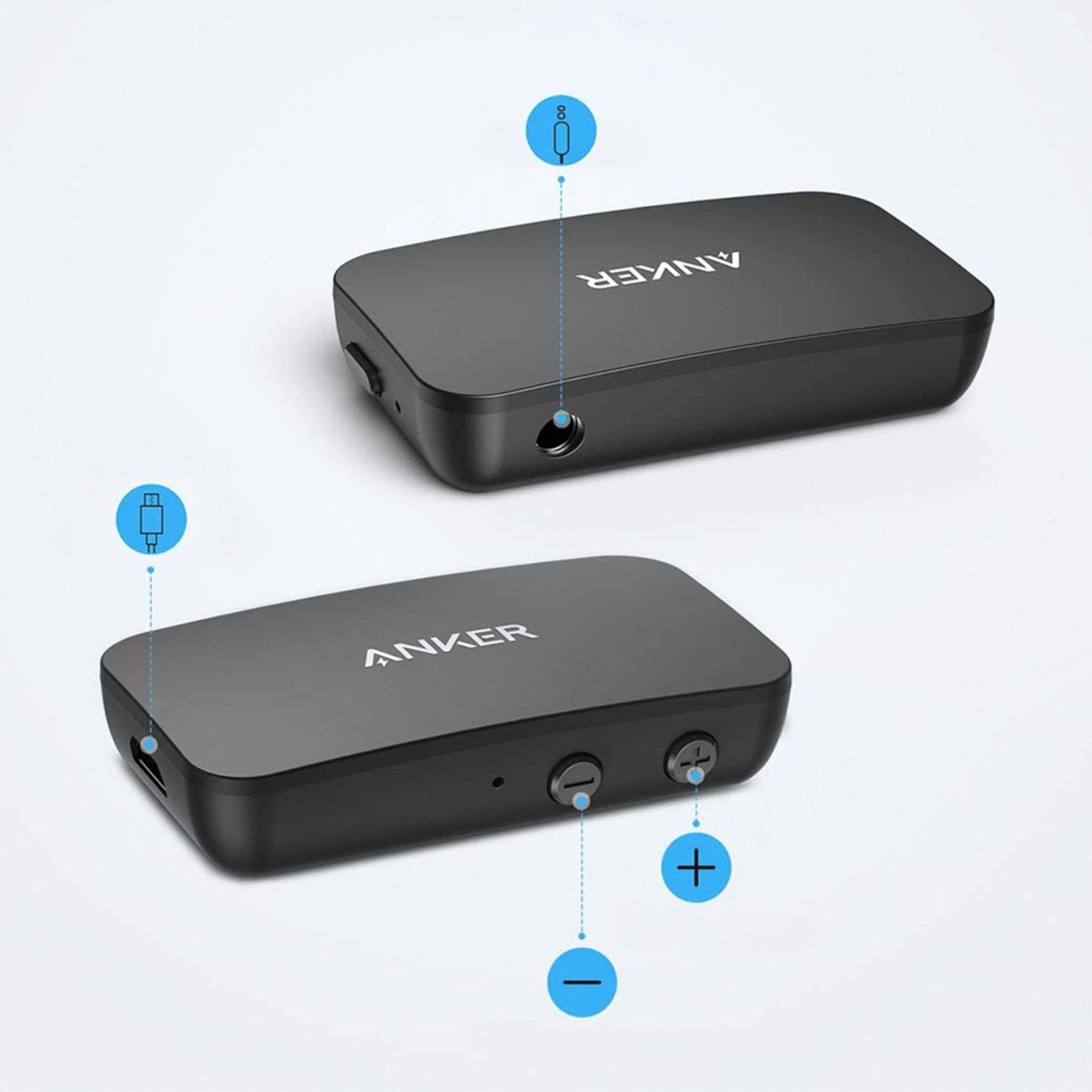 8 ANKER ANKER

- USB-C port
- 3.5mm audio jack
- USB-A port
- USB-A port
- Positive terminal
- Negative terminal